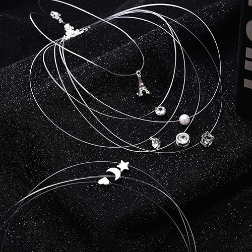 Miniatura 5 de Starain Juego de 8 collares de línea de pesca para mujer, diseño de estrella de luna única, circonita cúbica, collar de gargantilla