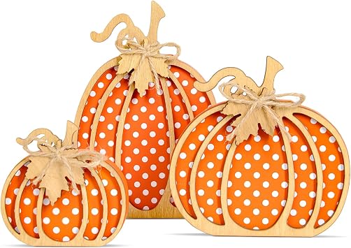 OLANRUN Fall Pumpkin Decor, Thanksgiving Fall Decorations for Home, Wooden Pumpkin Autumn Decor, 3 PCS Handmade Crafts, Thanksgiving Decorations for Indoor, Home Table Tiered Tray Mantel 4-8 Inch
