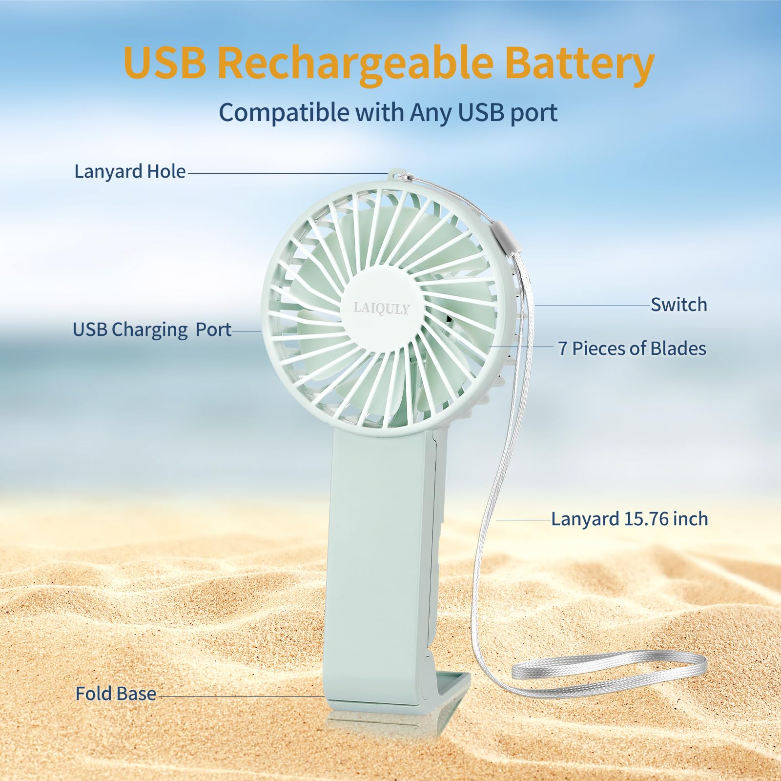 Ventilador de mano, ventilador portátil personal de 3 velocidades, ajustable, cordón extraíble, recargable por USB, funciona con pilas, ventilador de mesa de escritorio pequeño, ventilador de 2