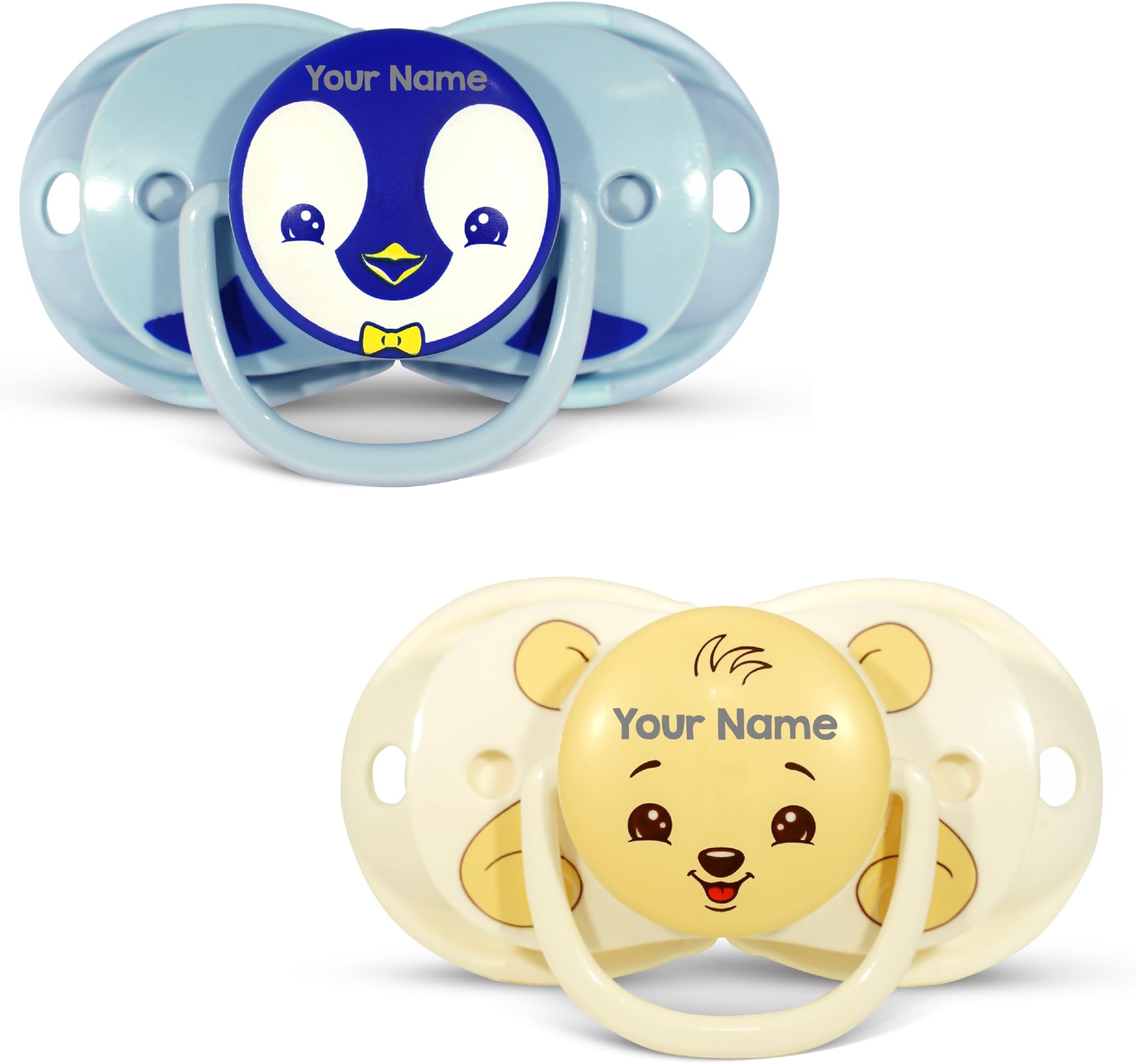 RaZbaby Keep-It-Kleen Baby Pacifier 2-Pack Closes When Dropped - BPA-Free Silicone Orthodontic Nipple, Ideal for Travel, Nipple Stays Clean, 0-36 Months - Bear/Penguin - Personalized