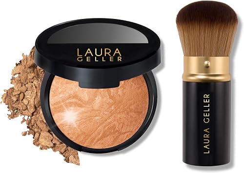 LAURA GELLER NEW YORK Get Glowing Kit 2pc Baked Balance-n-Glow Illuminating Powder Foundation, Golden Medium + Airbrush Kabuki Makeup Brush