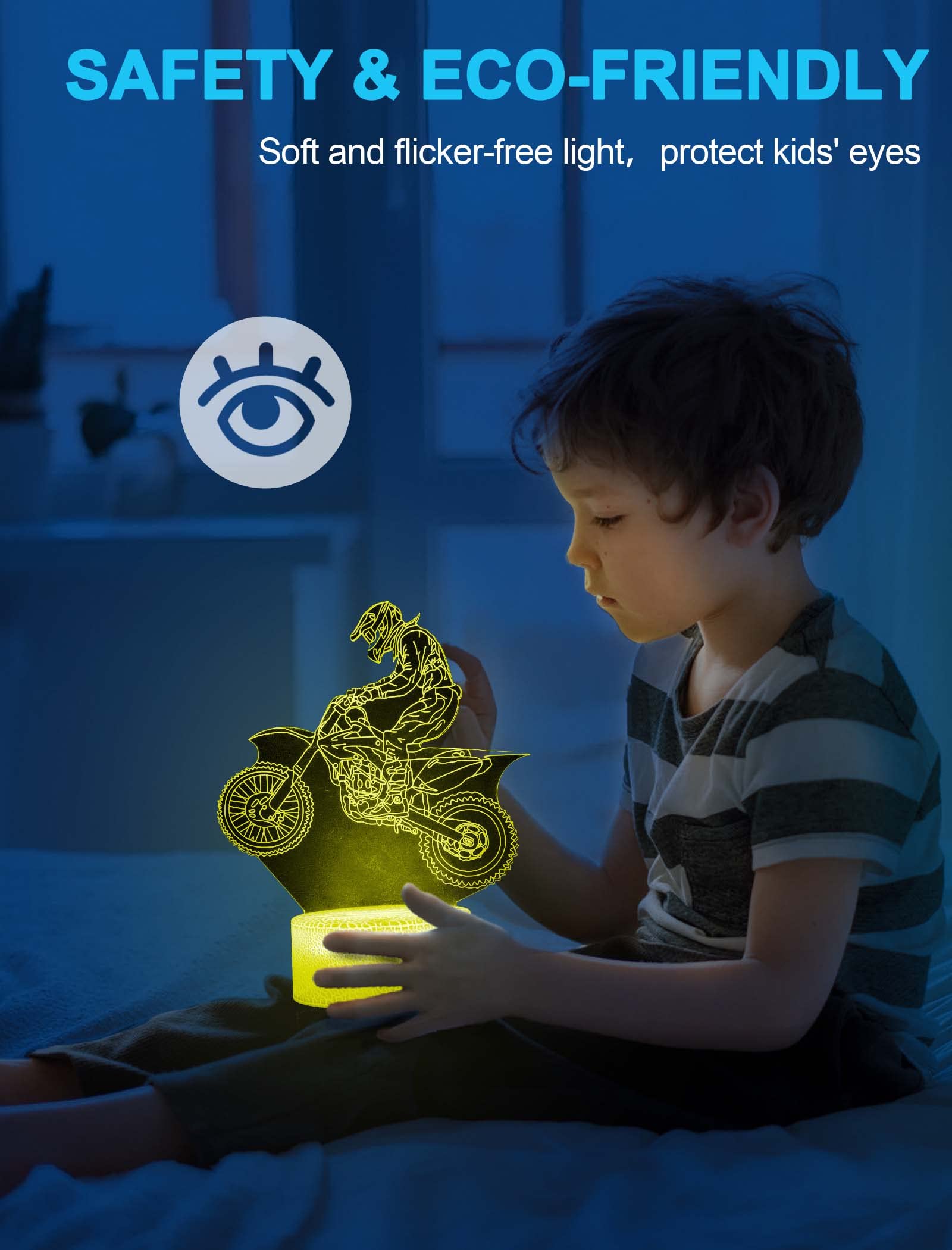 Nice Dream Luce Notturna Moto per Bambini, Lampada Illusion 3D Luce LED per Camerette, Telecomando 16 Cambia Colore Dimmerabile, Regali di Natale per Ragazze Ragazzi Camera da Letto