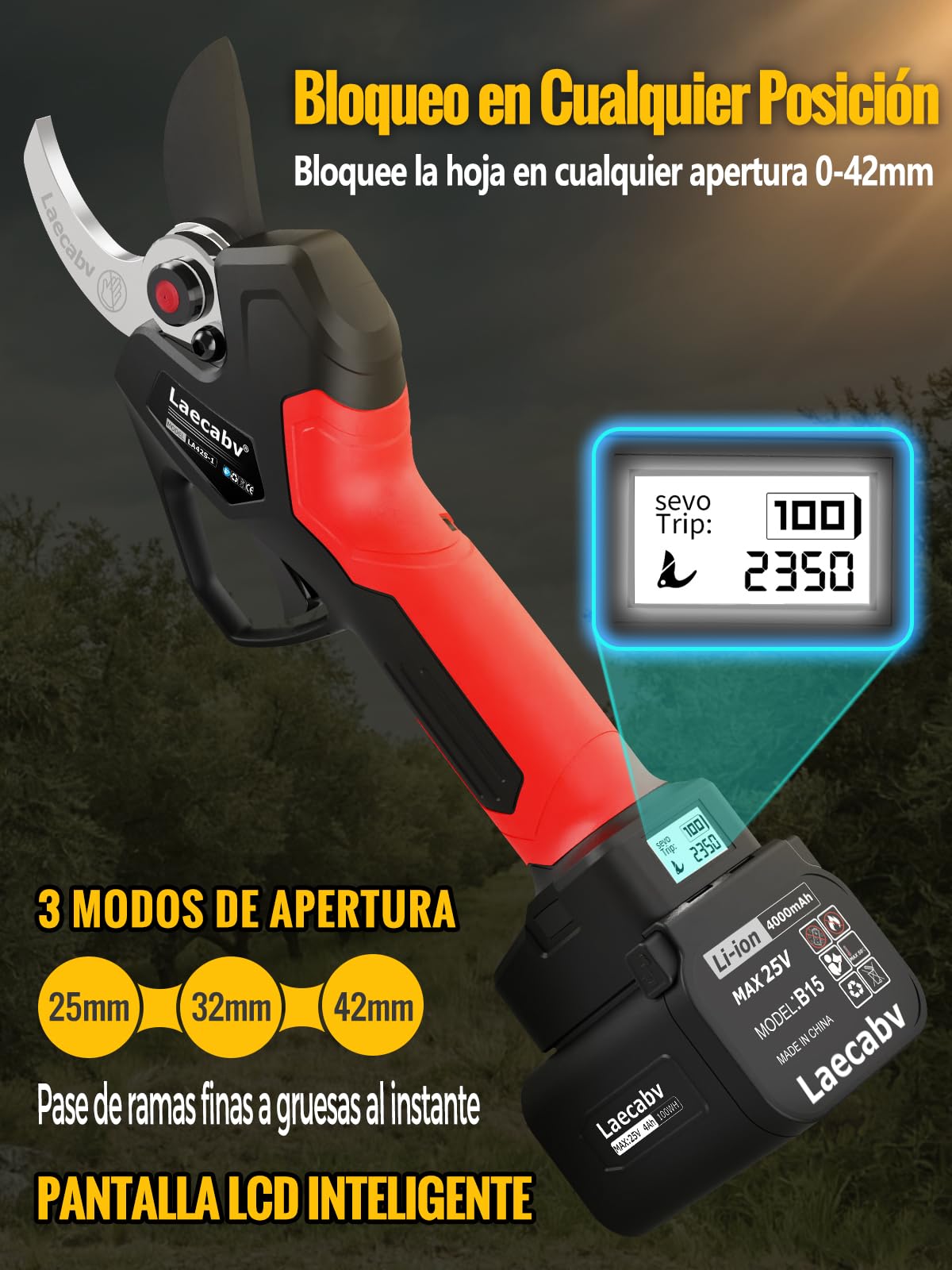 Laecabv LA42S Tijeras de Podar Eléctricas Profesionales 42mm, 2 Baterías 4Ah (8-10h), con Mochila y Cable para Aliviar Peso, Motor sin Escobillas 1150W, Olivo y Viñedo