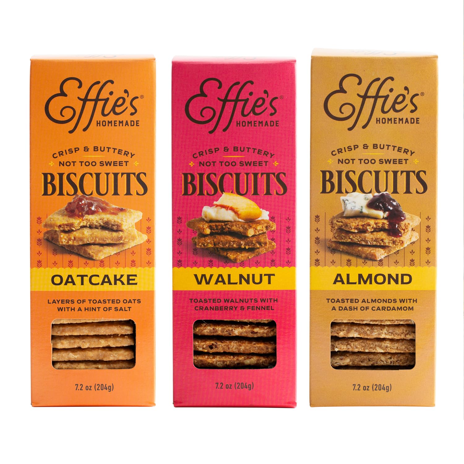 Effie's Homemade Biscuits Variety Pack: Oatcakes, Walnut & Almond - 3-Pack Sampler with Real Butter