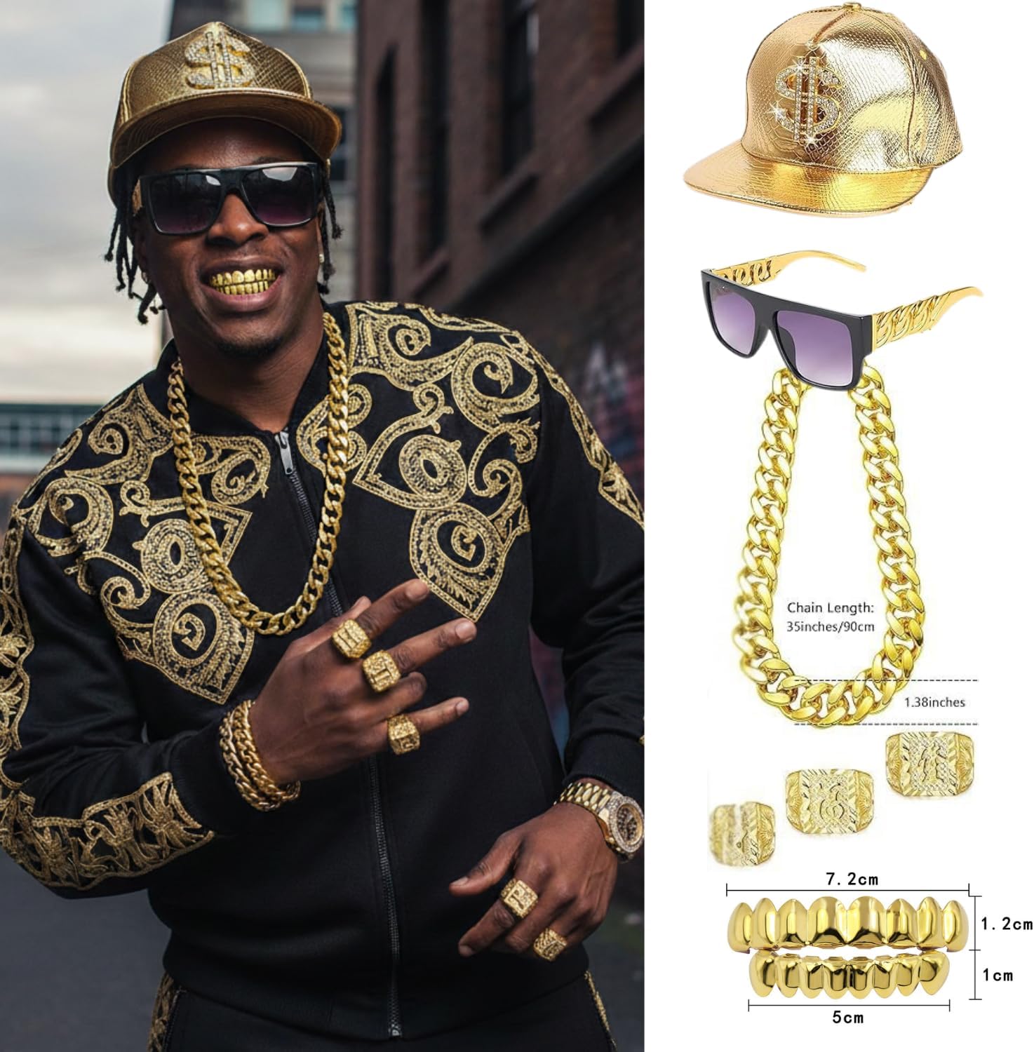 80s 90s Hip Hop Accessories Costune Set for Men Fake Gold Chain Bracelet Rings Teeth Dollar Sign Necklace Hat Classic Glasses for Halloween Party Rapper Costumes Hip Pop Outfit Kit 12-piece Set