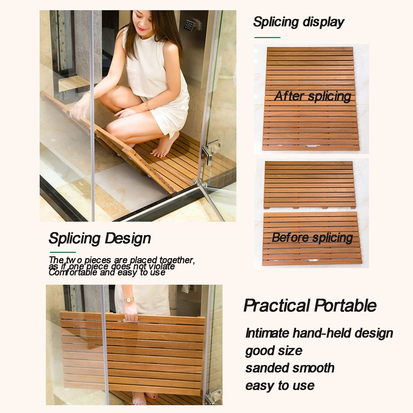 Pedana Doccia in Legno,Tappetino da Bagno in Legno di bambù per Doccia - Tappetino da Bagno Impermeabile Antiscivolo per Interni Ed Esterni Personalizzabile,70x100cm/28x39in