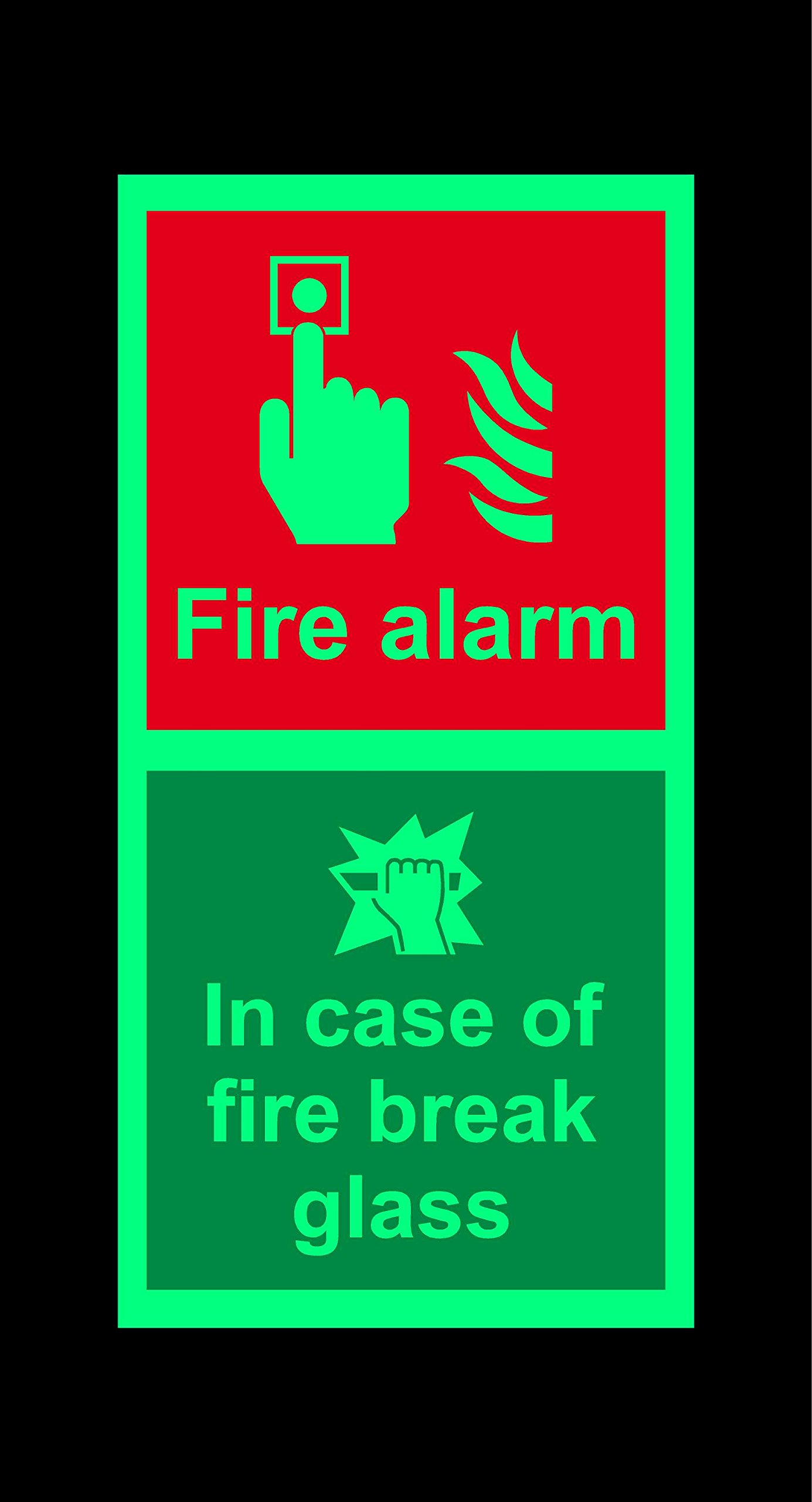Fire alarm in case of fire break glass safety sign - 200mm x 100mm 1.2mm Photoluminescent rigid plastic with self adhesive backing