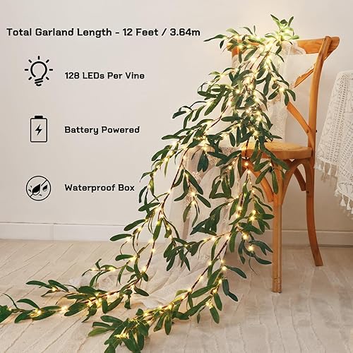 Miniatura 9 de Waipfaru Guirnalda de olivo de Navidad con luces, guirnalda de mantel iluminada de 6 pies con temporizador, guirnalda de ramitas artificiales de