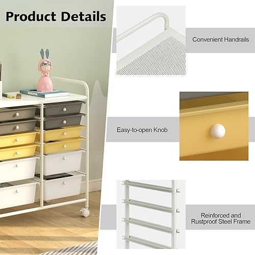 Miniatura 10 de Topment Carrito de almacenamiento con ruedas de 12 cajones, carrito organizador móvil multiusos, carrito de utilidad para el hogar, oficina, escuela