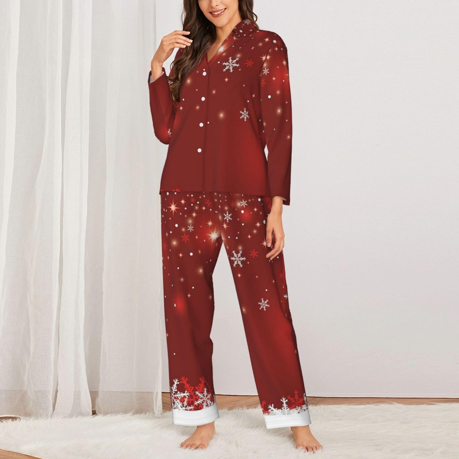 Conjunto de pijama de manga larga para mujer, estampado navideño, ropa de dormir, ropa de dormir, ropa de dormir casual, dos piezas
