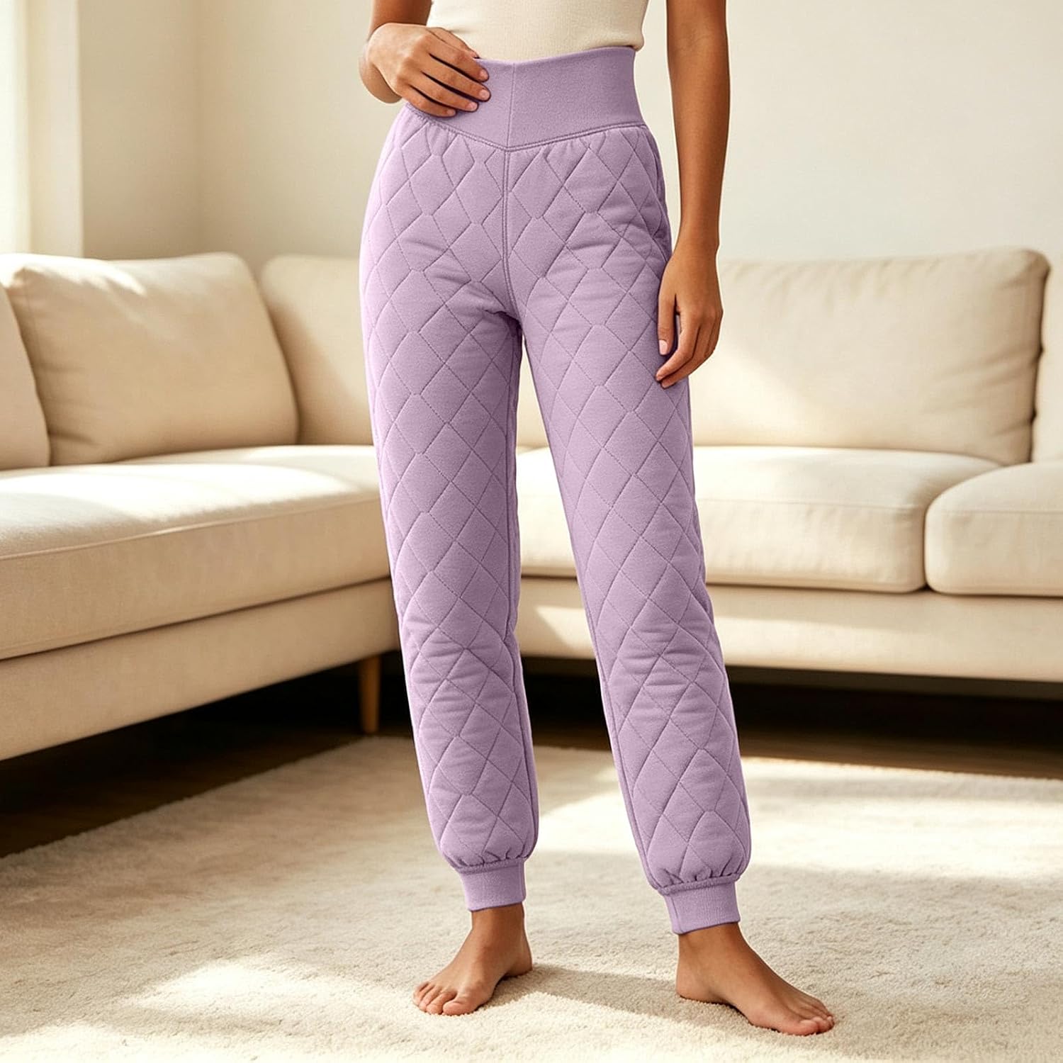 Women Quilted Thermal Jogger Pants High Waist Warm Padded Trousers
