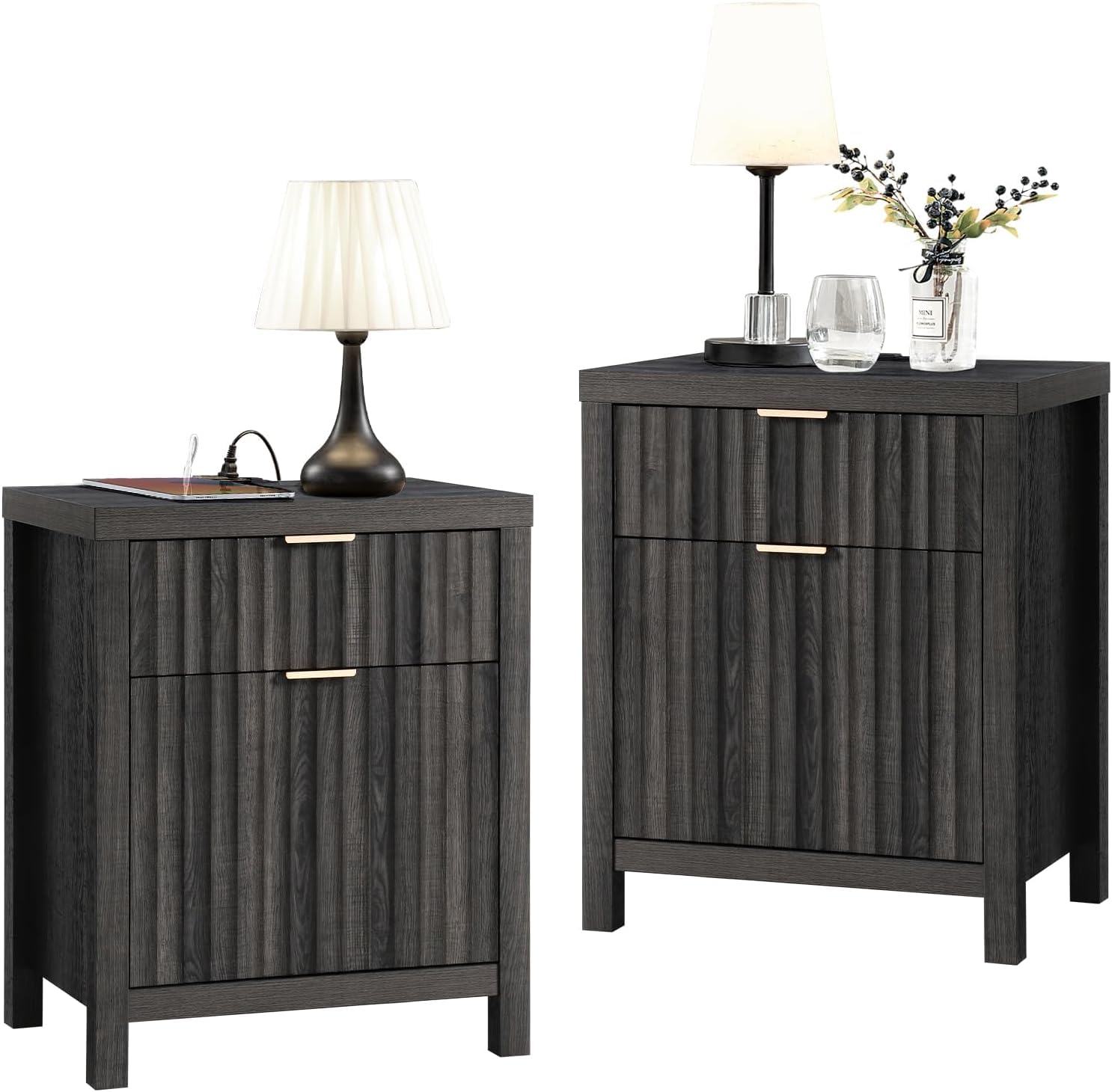 Oxford 2 Drawer Nightstand, End Table with Charging Station, Night Stand with Fluted Panel, Bed Side Table Set of 2 (Midnight Oak)