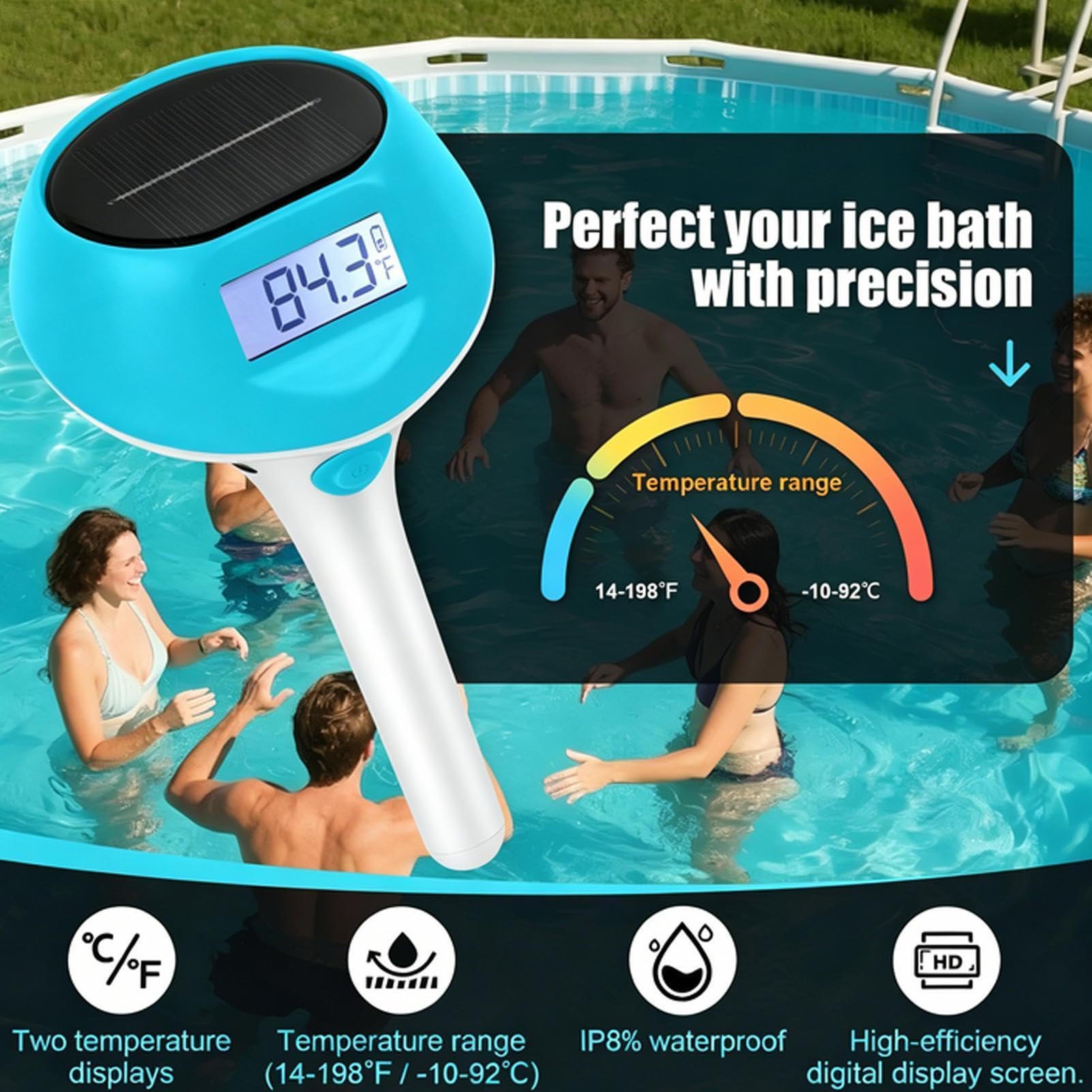 Misuratore di Temperatura 'Acqua Tester Impermeabile Solare Wireless | Termometro per Piscina di Facile Lettura Esterni Interni Giardino Patio Spa Idromassaggio Laghetto Vasca da Bagno Campeggio
