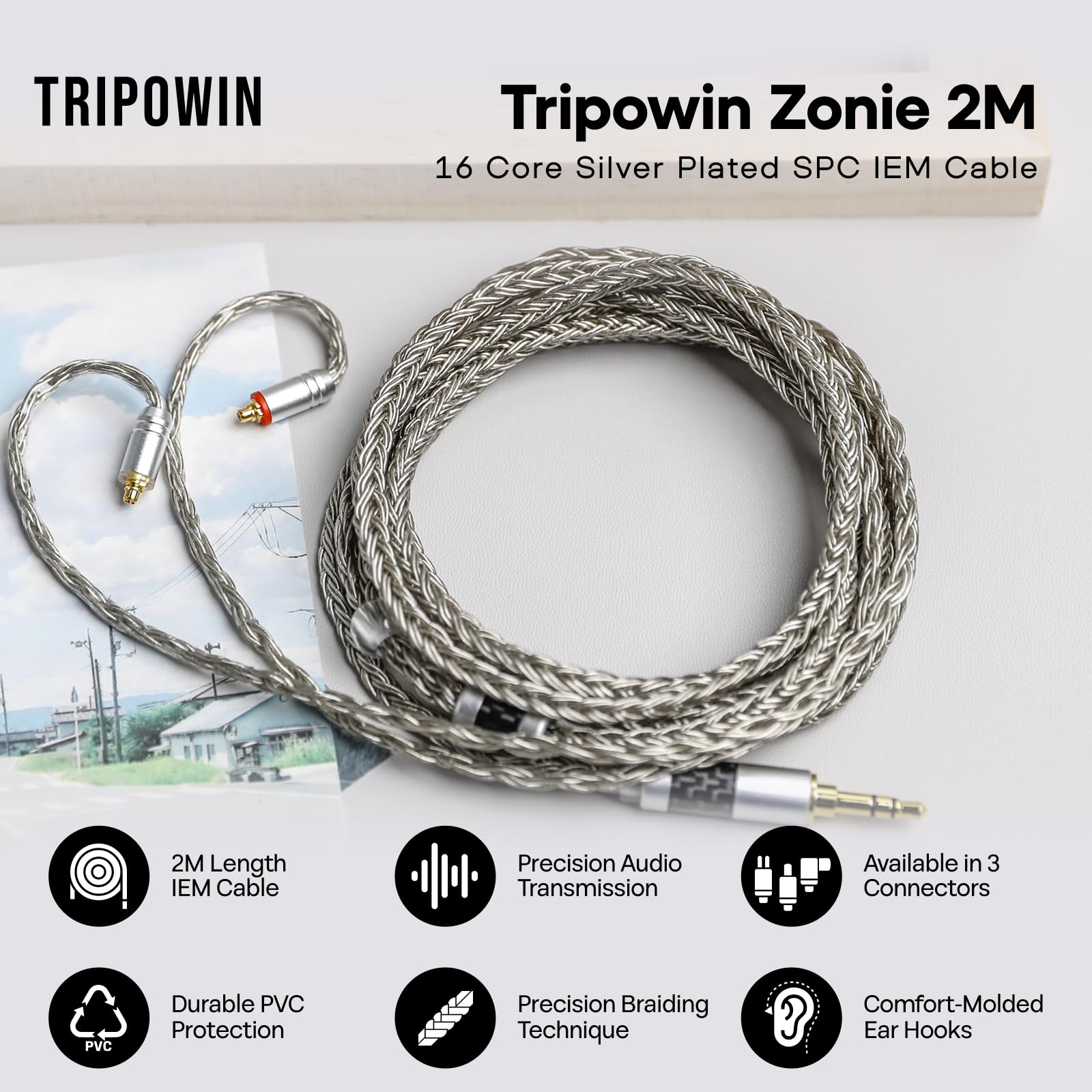 Tripowin Zonie - Cable de monitor intraural de 2 m, cable largo IEM para auriculares, chapado en plata de 16 núcleos, cable de actualización para auriculares con cable HiFi, cable de