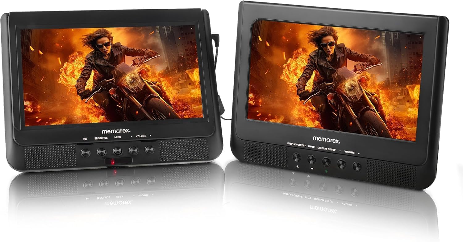 Two Memorex MX-PDV200 10-inch dual screens displaying a movie, shown side-by-side.