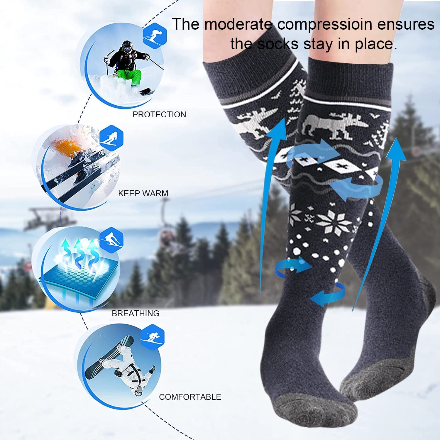 Lot de 2 paires de chaussettes de ski pour homme et femme - En laine mérinos Performance - Chaussettes de sport chaudes - Chaussettes thermiques pour filles et garçons - Pour le ski, le