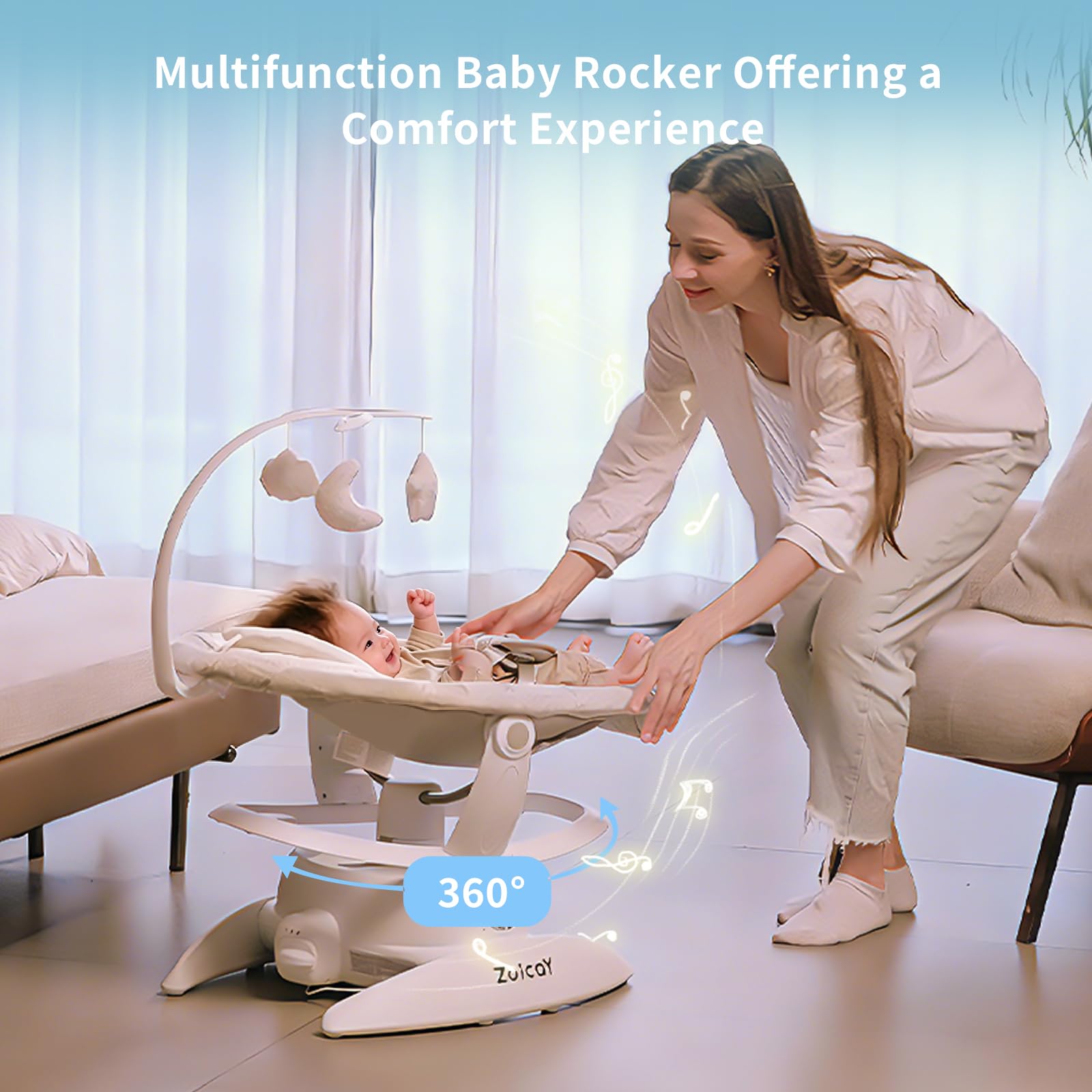 Babywippe Elektrisch 3-in-1 mit 9 Modi Schaukel Automatisch für Neugeborene | Baby wippe 360° Drehbar Timing Musik Funktion Fernbedienung & Bluetooth Control für 0–9 Monate, bis 11 Kg (Weiß)