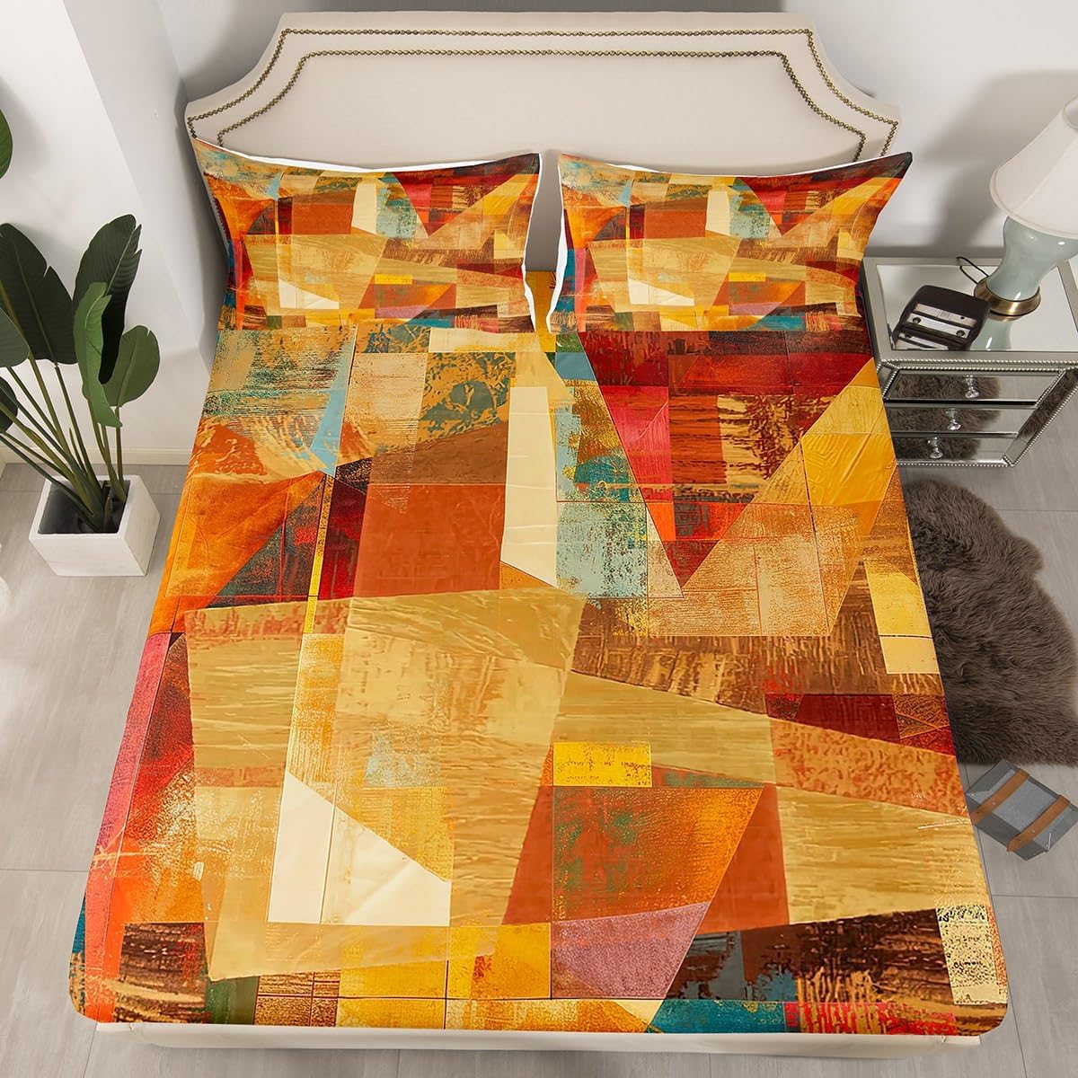 Feelyou Orange Red and Yellow Sheet Set King Size Kids Geometric Abstract Sheets with Deep Pocket Fitted Sheet for Boys Girls Teens Modern Bed Sheets Set Artwork Bedding Set Room Decor