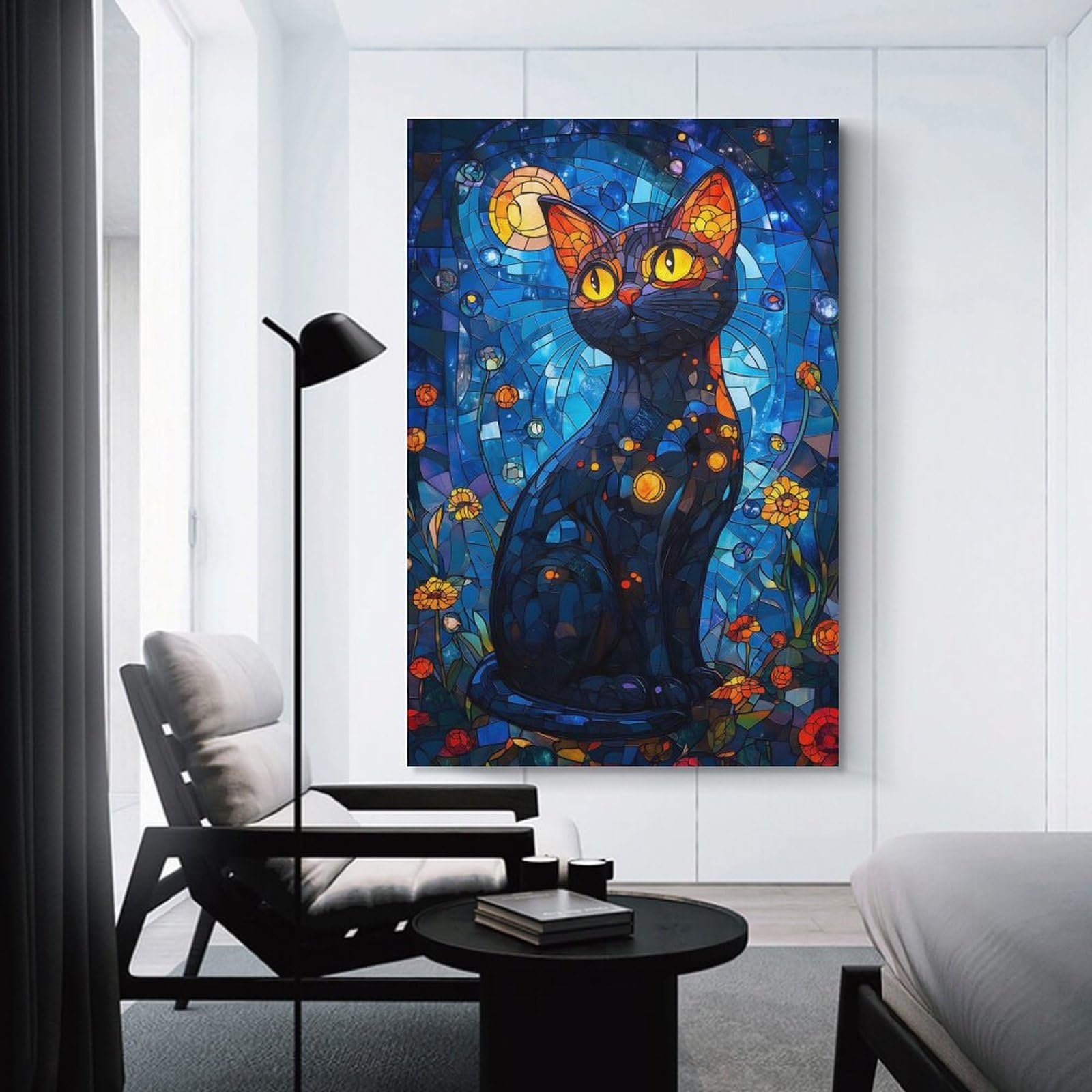 Junmoney Unframe-Style-13 Stained Glass Black Cat With Flowers Canvas Wall Decor, 20X30inch(50X75cm), For Wall Displays, Bedrooms Or Room Updates, Wall Decor Suited To Curated Displays