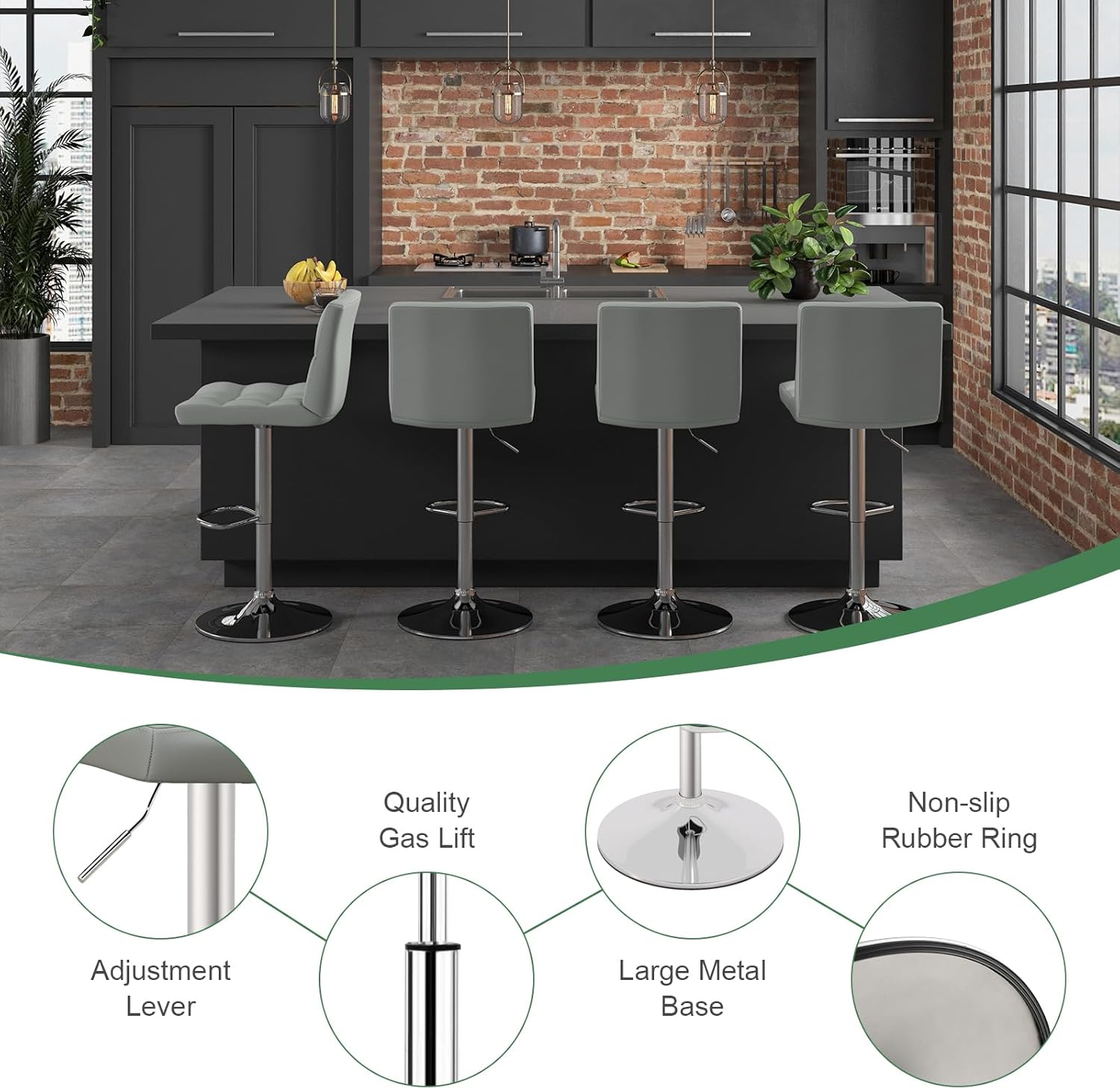 COSTWAY Bar Stools Set of 2, Modern Swivel Adjustable Height PU Leather Barstools with Back, Square Armless Counter Height 2-Pack Bar Chair for Kitchen Island Dining Living Bistro Pub Counter, Grey
