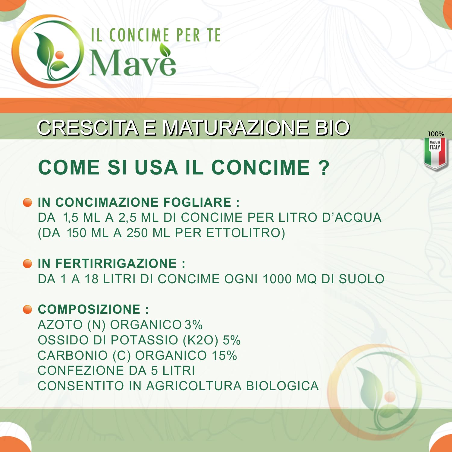 Borlanda fluida biologica 25,6 kg per piante - concime biologico per alberi, orto, frutta - Mavè crescita e maturazione bio