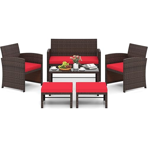 Tangkula 6 Pieces Patio Furniture Set, Outdoor Sectional Conversation PE Rattan Sofa Set with 1 Loveseat, 1 Coffee Table, 2 Armchairs and 2 Ottomans for Garden, Deck, Backyard and Poolside (Red)