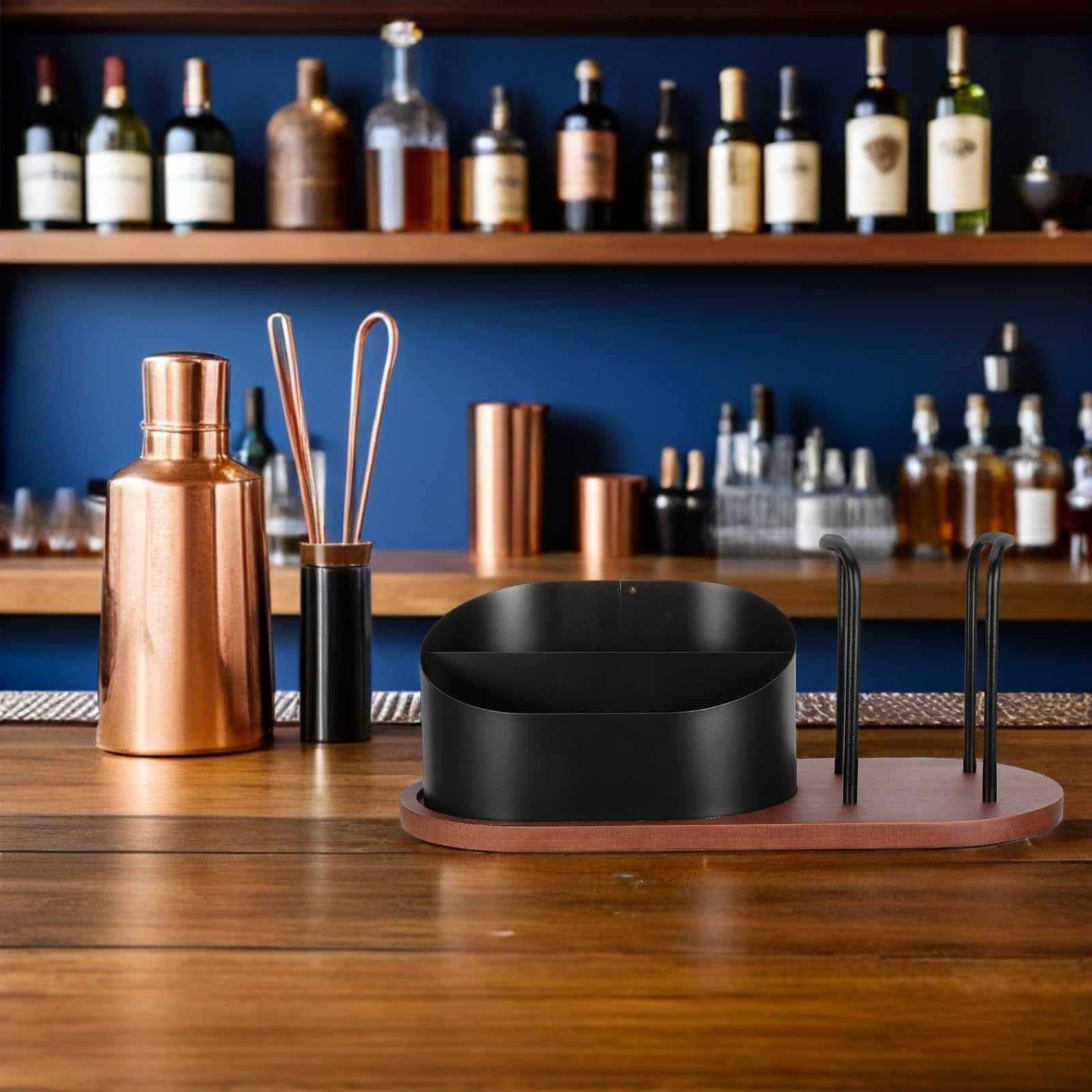 Organizzatore da Cucina in Legno e Acciaio Inox 2 Scomparti Divisi per Conservare Capsule di Caffè e Cannucce, per Ufficio e Workspace Rustico Riutilizzabile