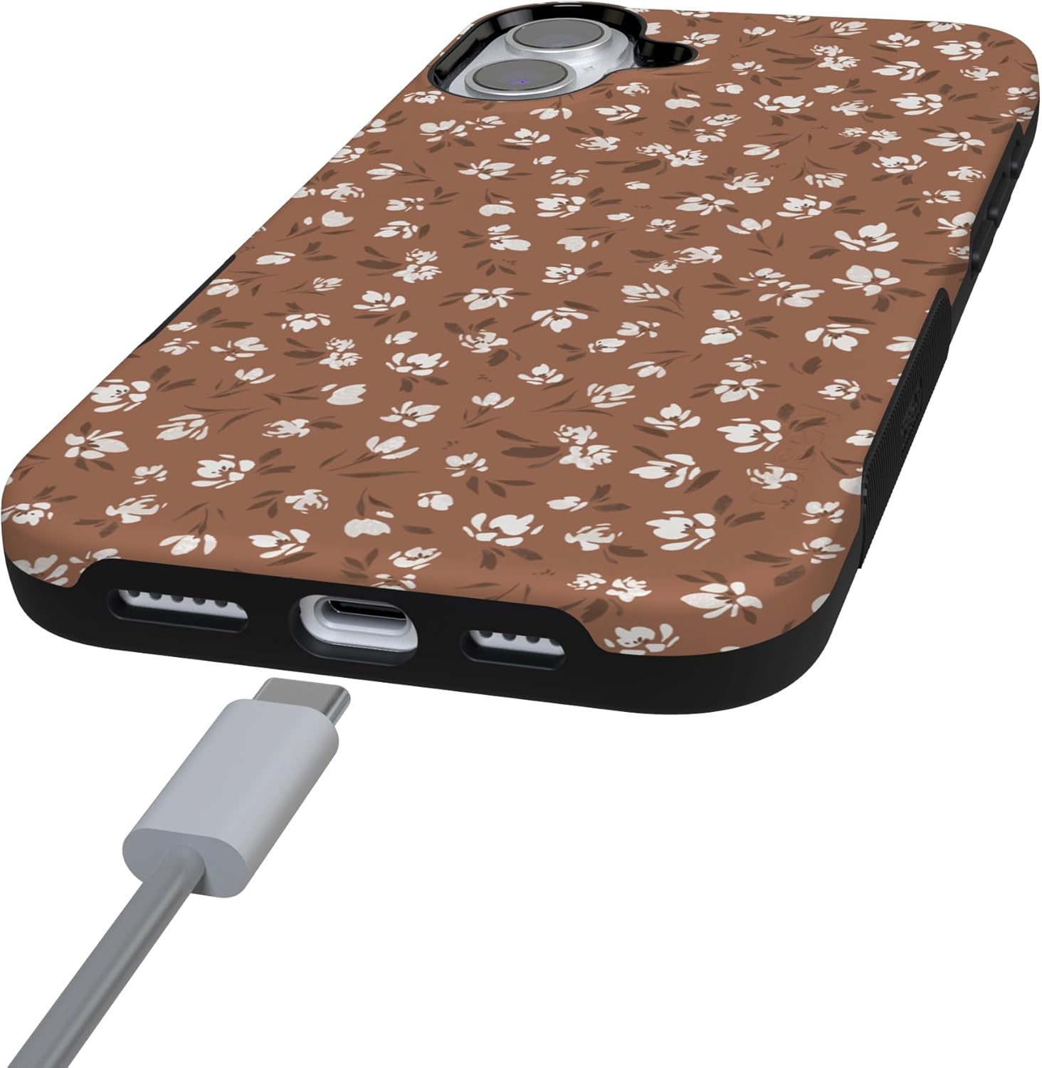 Casely iPhone 16 Case | Mocha Meadow | Tiny Flowers | Bold Protective Design | Compatible with MagSafe