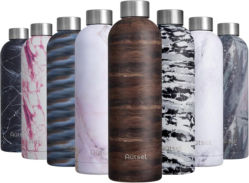 Autsel Rozsdamentes Acél Termosz 750ml - Szigetelt Vizes Palack Márvány-Arany Színben - BPA-mentes, Szivárgásmentes Kulacs Sporthoz, Túrázás