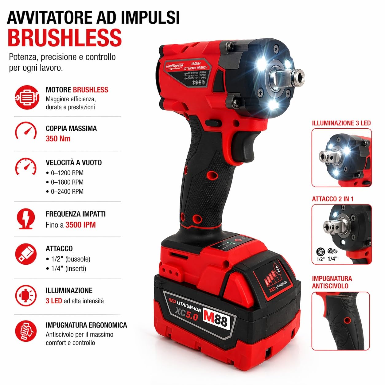 Combo Avvitatore ad impulsi 1/2" + Smerigliatrice Angolare 115/125mm 88V 2 Batterie 5Ah con Motore Brushless Kit Professionale Trapano Avvitatore Flex