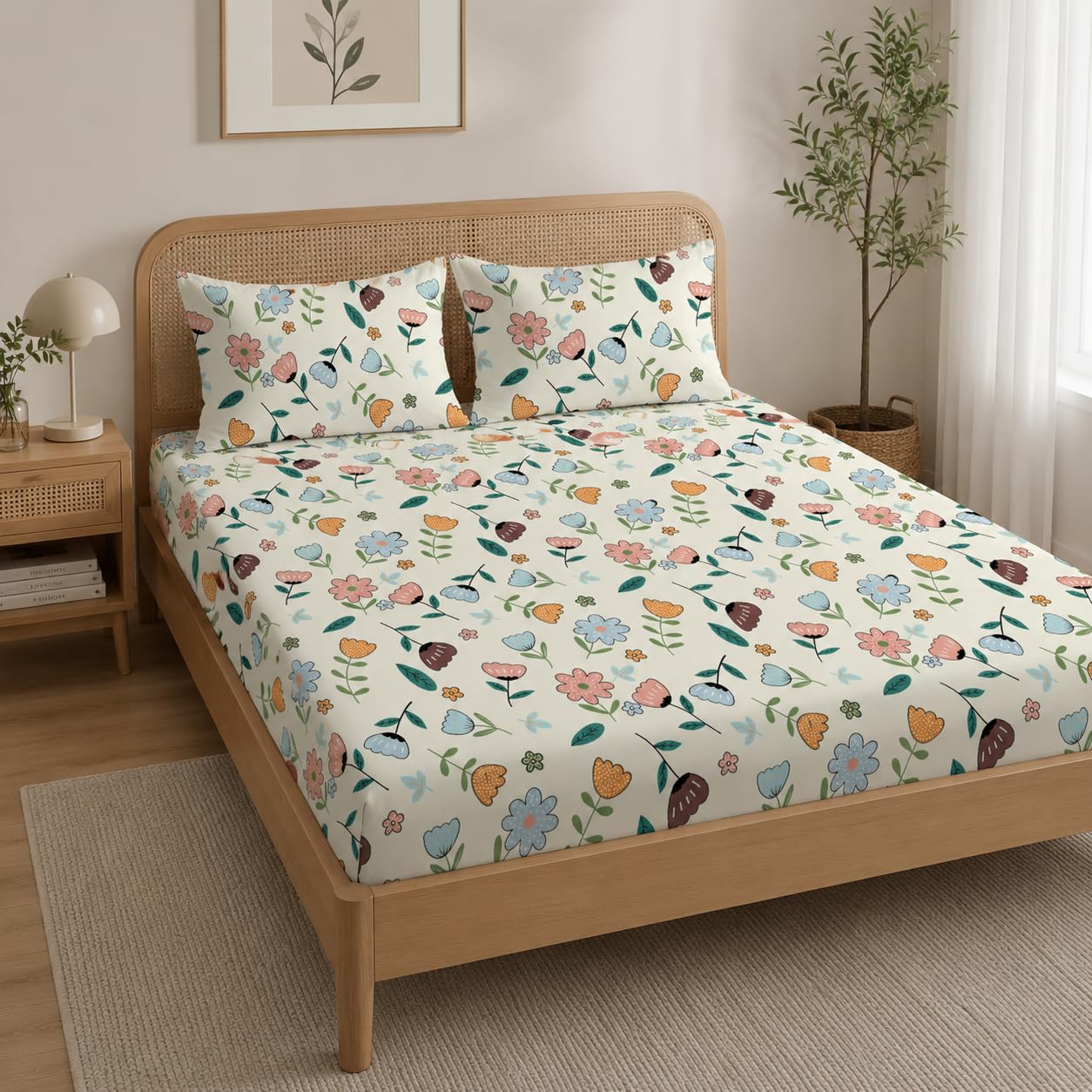 LOOMLYFE 300 TC Cotton Feel Glace Cotton Elastic Fitted Printed King Size Double Bed Bedsheet with 2 Pillow Covers Fits Upto 8 inches Mattress, Size- 72X78 Inches, Peachflower