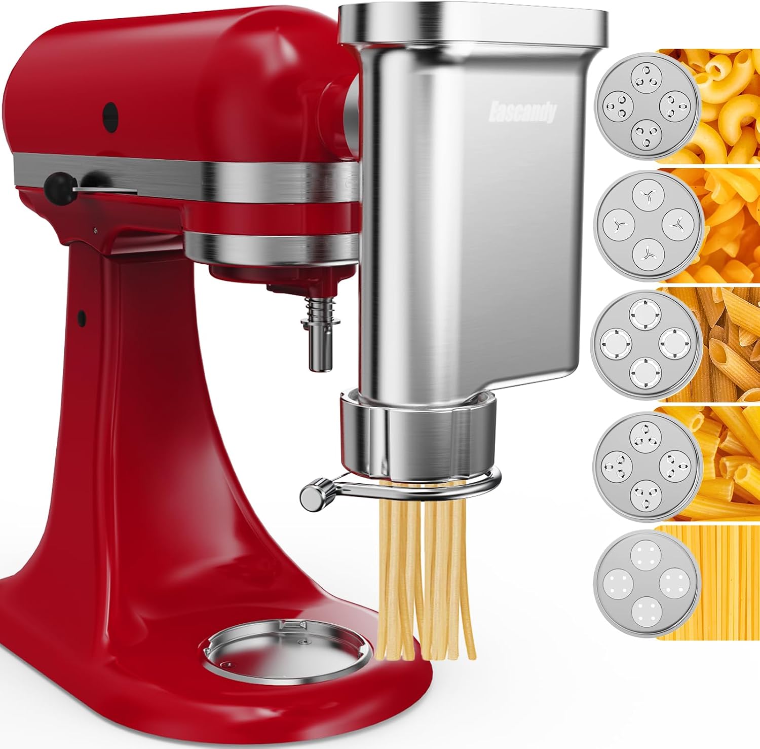 Metal Gourmet Pasta Press Attachment for KitchenAid Stand Mixer – Durable Pasta Maker Attachment with 5 Interchangeable Plates for Spaghetti, Bucatini, Fusilli, Large & Small Macaroni