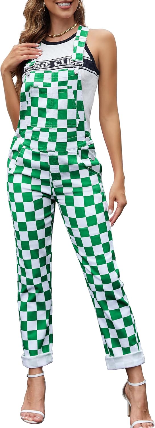 Checkered Pants Womens Overalls Fashion Bib Coveralls Cute Stretch Jeans Jumpsuit