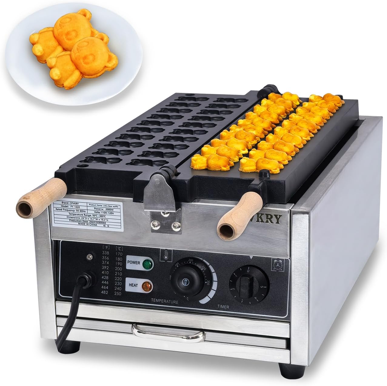 Bear Shaped Waffles, Ice Cream Waffle Cone Maker, Non-Stick Rotatable Waffle Baker Machine With 122-572℉ Temp Range and Time Control, Teflon-Coated Baking Pan Stainless Steel Body