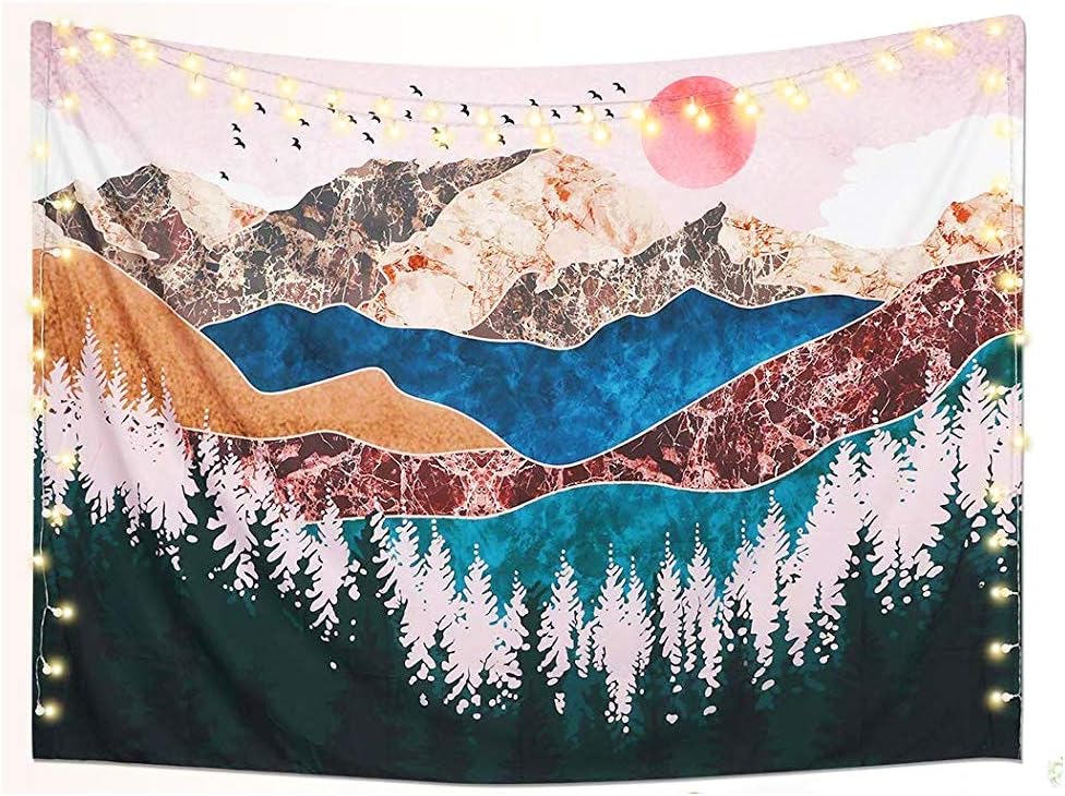 HASTHIP Polyester Sunset Forest Tree Mountain Tapestry Wall Hanging Psychedelic Nature Landscape Wall Art Tapestrys Bed Cover Wall Hanging for Bedroom (51X59inches)