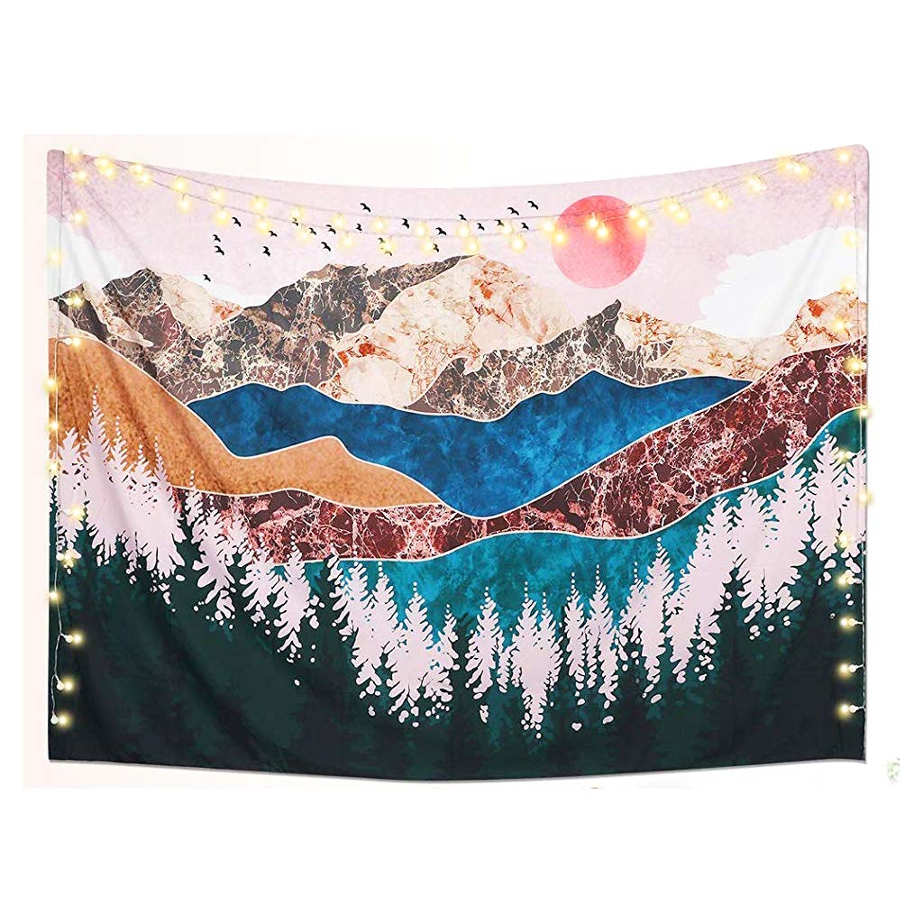 HASTHIP Polyester Sunset Forest Tree Mountain Tapestry Wall Hanging Psychedelic Nature Landscape Wall Art Tapestrys Bed Cover Wall Hanging for Bedroom (51X59inches)