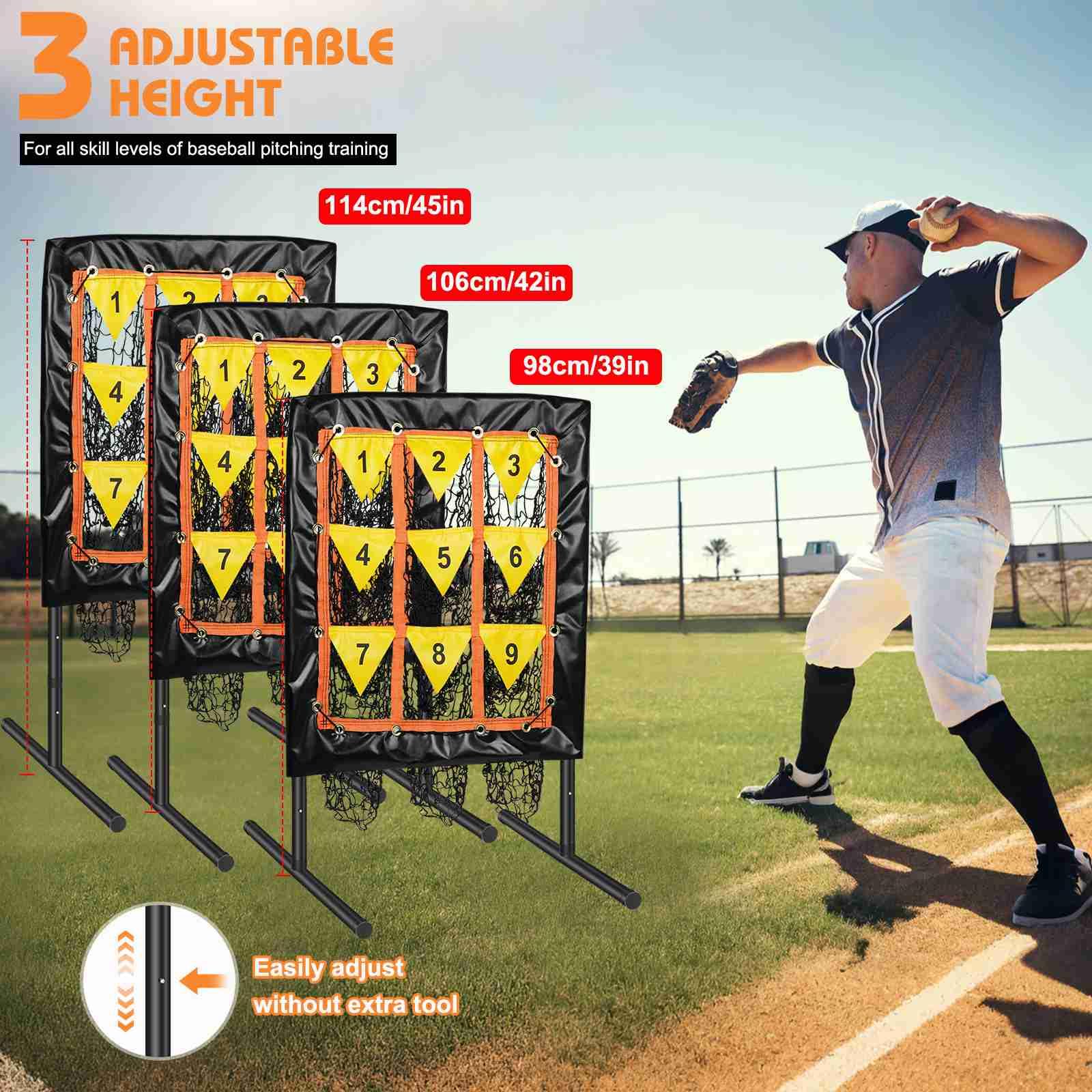 Pitching Net, 9-Loch-Baseballnetz mit Schlagzone, verstellbares Baseball-Softball-Pitching-Netz mit 9 Taschen Ziel, tragbares Pitcher-Übungsgerät für Outdoor Indoor