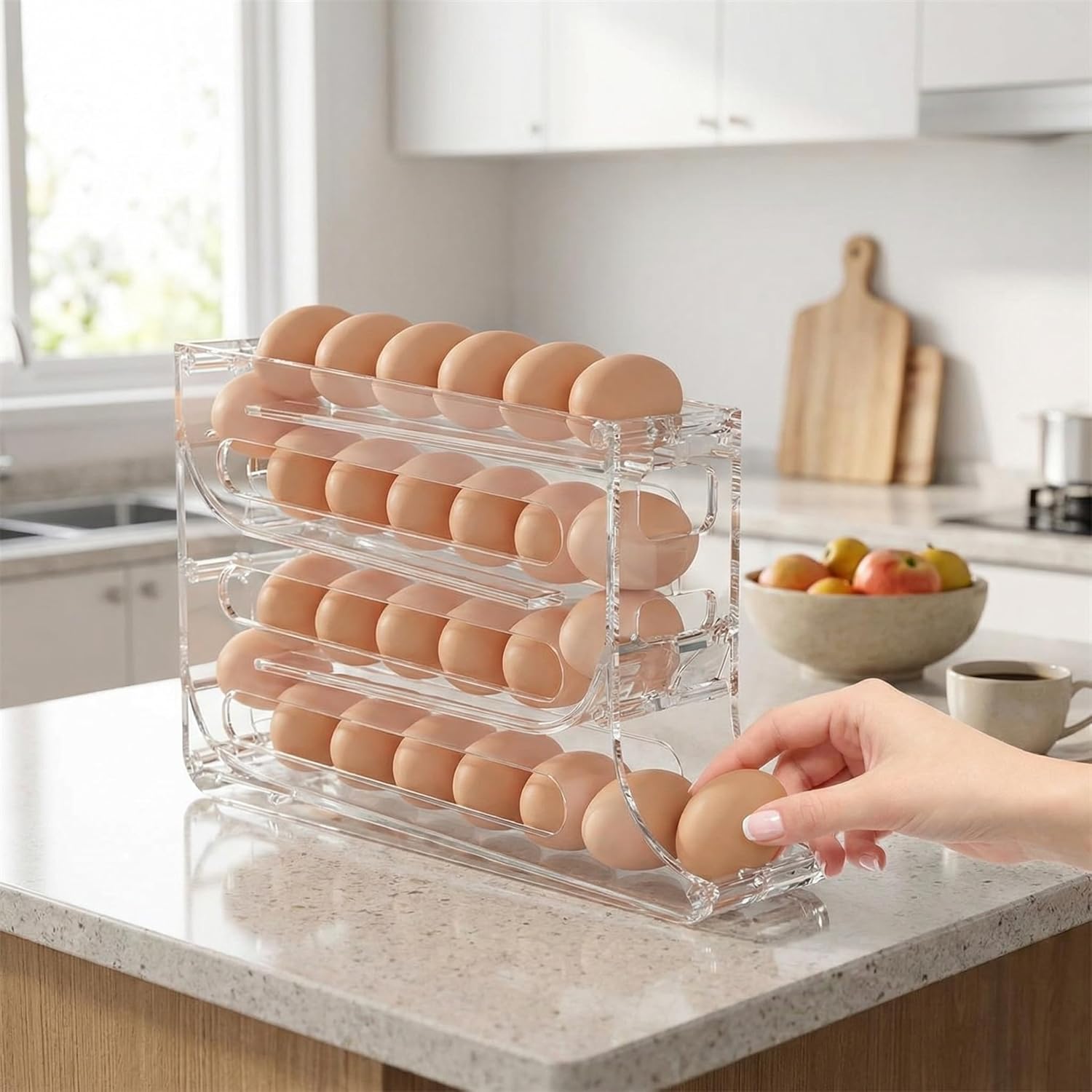 Refrigerator Egg Trays,Automatic Rolling Egg Holder Organizer for Refrigerator Slide Design Egg Dispenser, Food Grade Material, Large Capacity Storage 32 Count (Clear)
