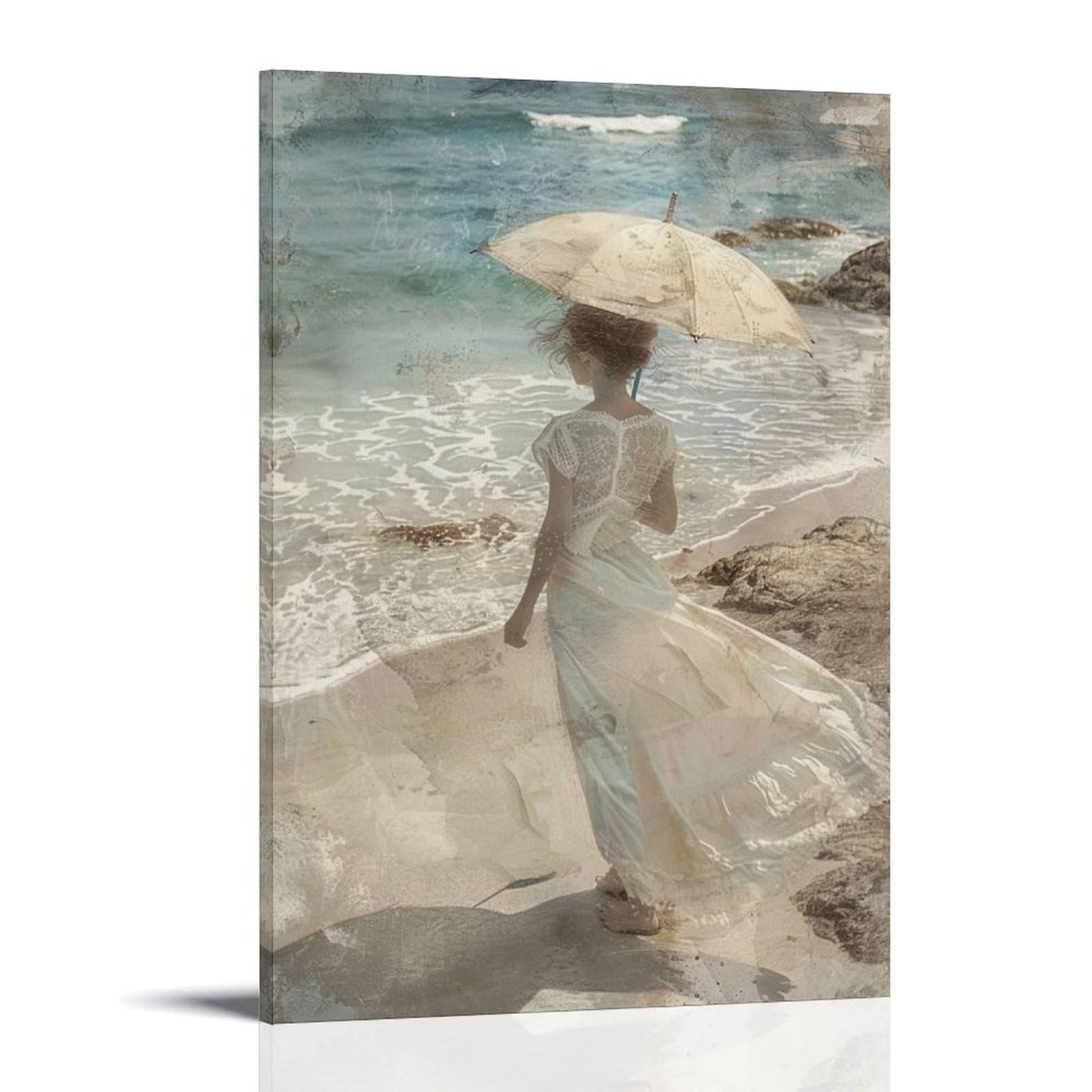 Fyfmushe Girls Vintage Woman Canvas Wall Art Paintings Watercolor Coastal Classic Dress Pictures On Canvas Prints Framed Ready To Hang Artwork For Bedroom Home Decor 08X12inch(20X30cm)