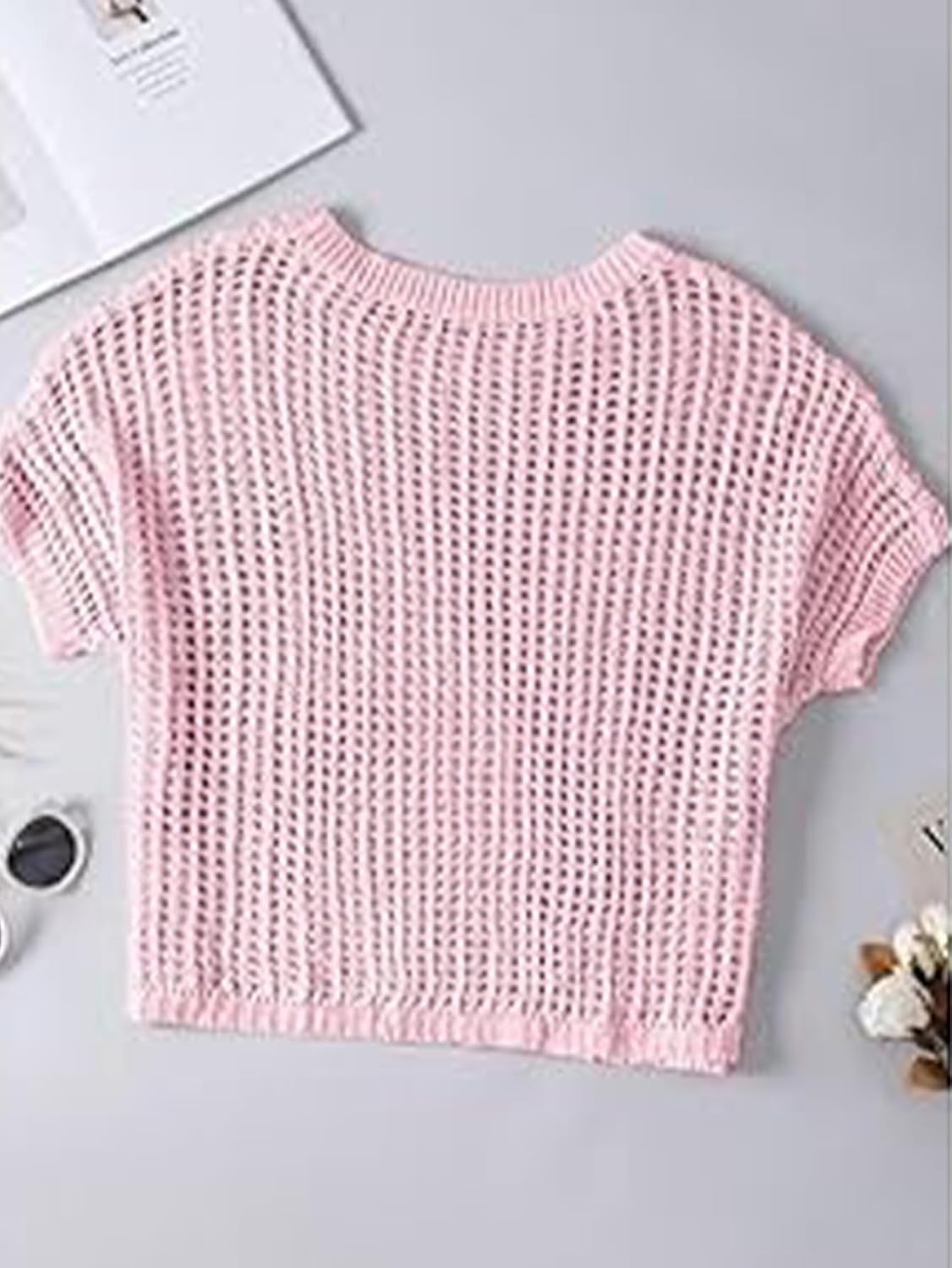 Chvity Women's Summer Crew Neck Short Sleeve Sweater Casual Off Shoulder Tops Hollow Out Crochet Coverups Pullover Knit Tops - Image 5