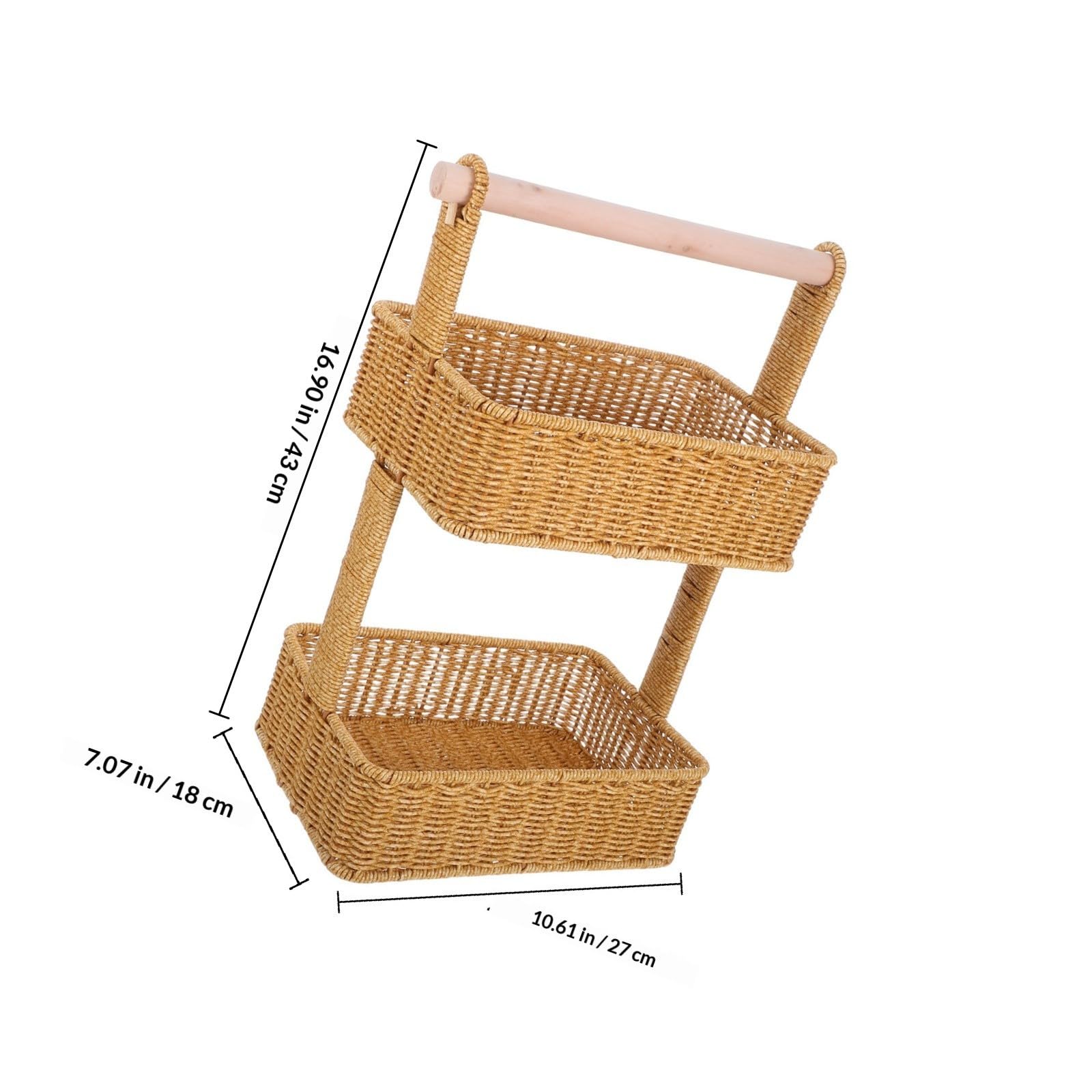 COHEALI Panier de Rangement Suspendu Tissé Main, Panier Décoratif à 2 Niveaux, Marron, Fer Bois Plastique, pour Snacks, Salle de Bain et Chambre