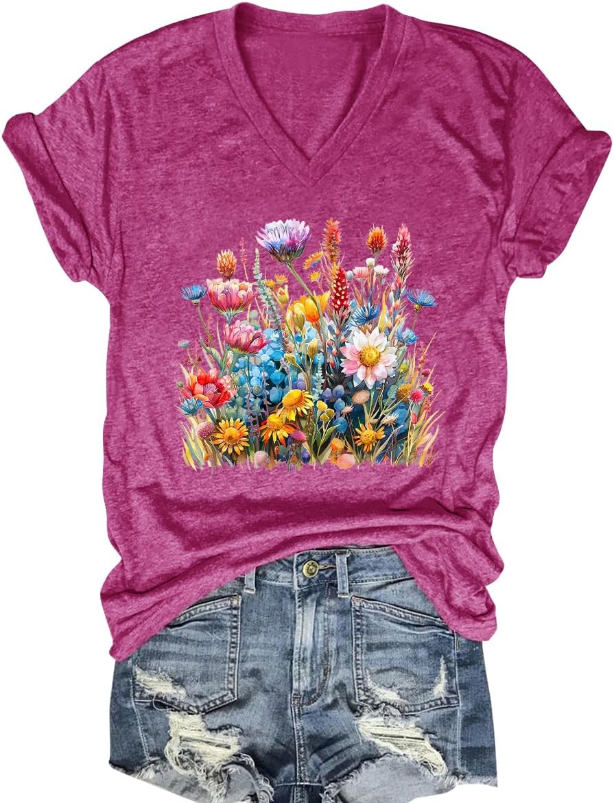 V Neck T Shirts for Women Funny Boho Wildflower Shirt Cute Floral Graphic Tees Short Sleeve Summer Tops