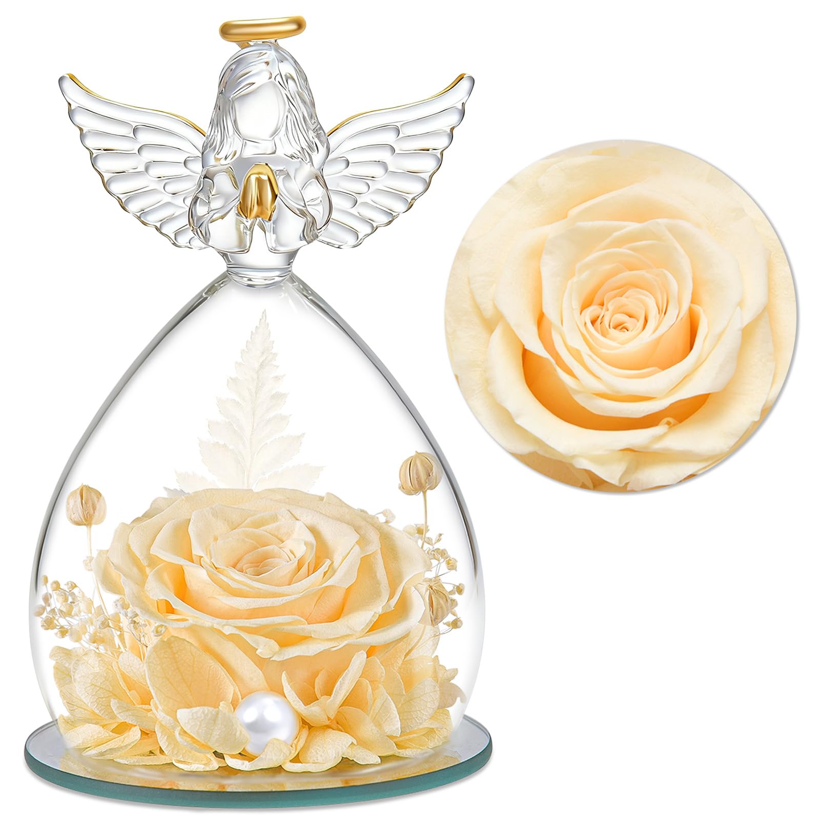 Ewige Rosen-Engel Figur mit Glasglocke, Geschenk Valentinstag für Frauen, Mama, Freundin, Echte haltbare Rose Hält 3-5 Jahre, Geschenk für Weihnachten Valentinstag Geburtstag (Champagner)