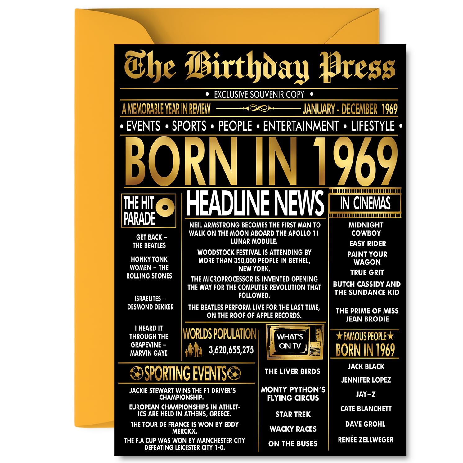 Gold 57th Birthday Card for Men Women - Black & Golden Newspaper Born in 1969 - Happy 57 Birthday Cards for Husband Brother Nan Colleague Grandma Auntie, A5 Bday Greeting Cards
