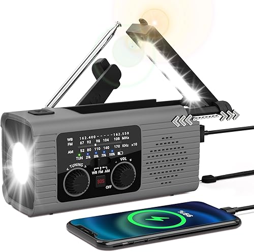 Radio de emergencia de 4,000 mAh con manivela solar AMFMNOAA, portátil, con cargador de teléfono, linterna LED, lámpara de lectura, alarma SOS,