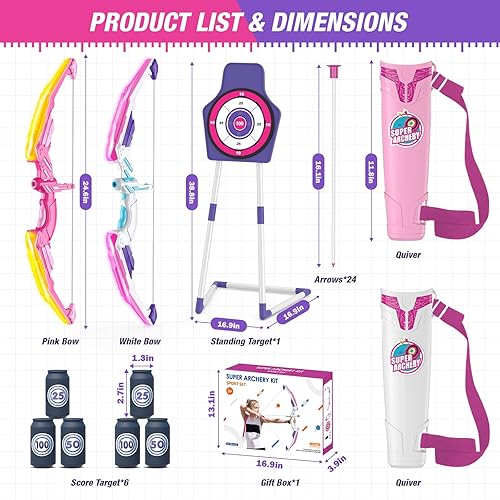 Miniatura 8 de HYES Paquete de 2 arcos y flechas para niños, juego de tiro con luz LED con 24 flechas de ventosa, 1 objetivo de pie, 6 objetivos de puntuación y 2