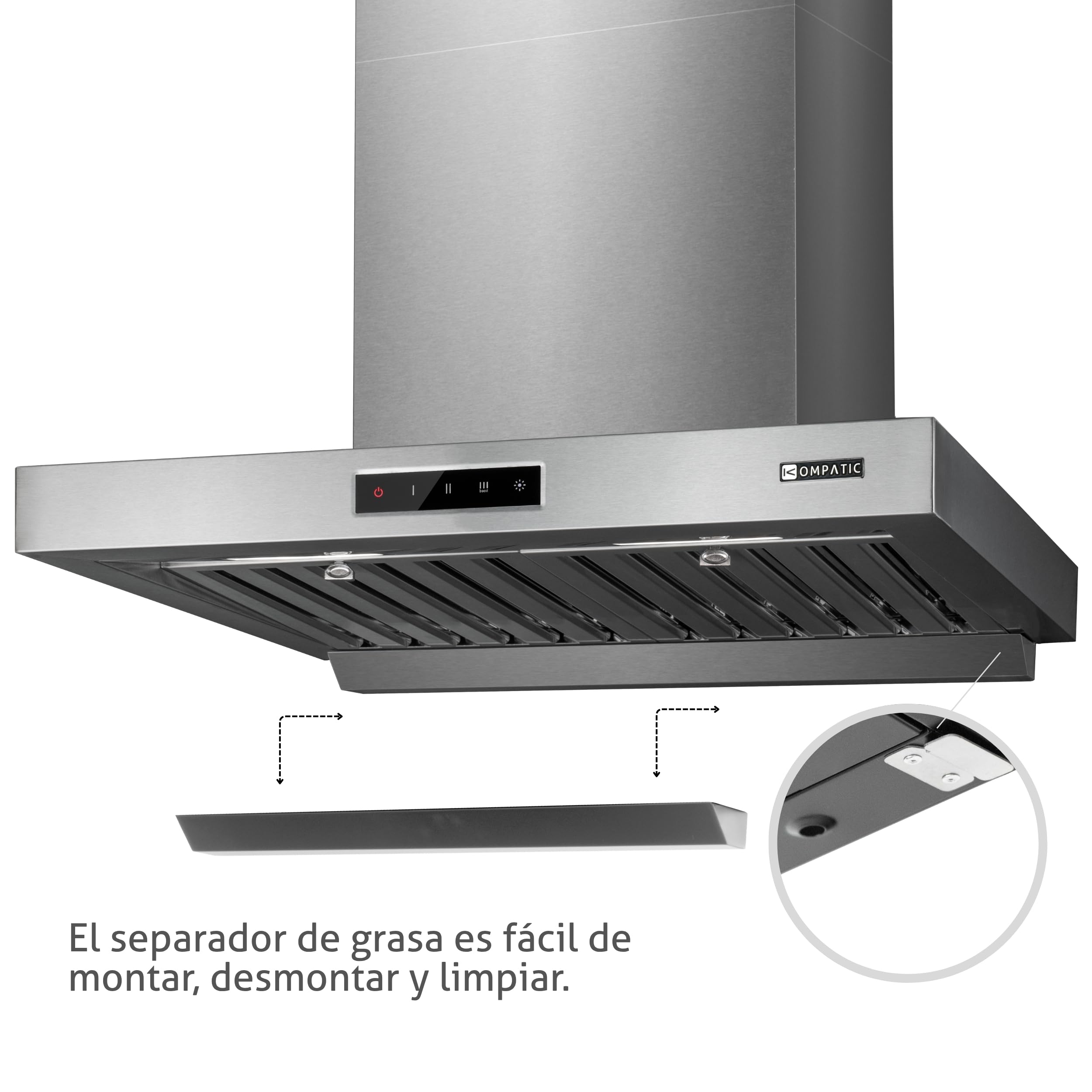Campana Extractora de Pared Kompatic Form 60 KF60WPS, 60 cm, 800 m³/h, Clase A++, Motor Brushless, Filtros Baffle, Control Táctil, LED, 3 Velocidades + Boost, Negro Mate (Acero inoxidable, 60 cm)