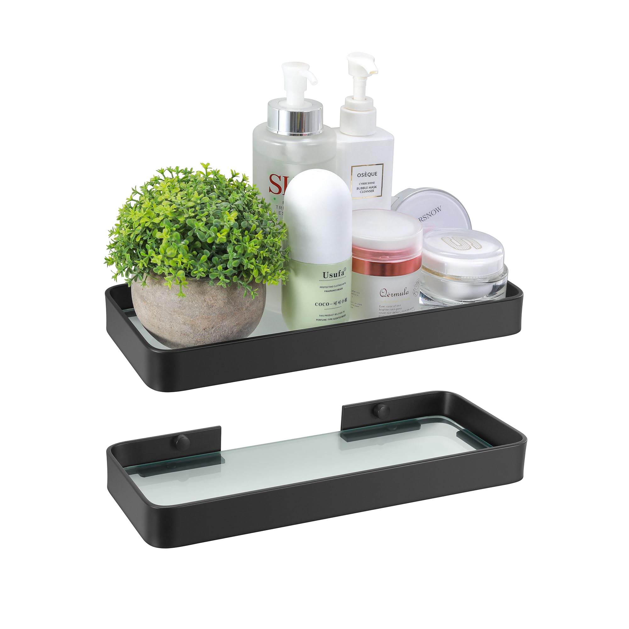 Z metnal Small Tempered Glass Floating Shelves, 25cm Black Aluminum Bathroom Shelf With Clear Glass