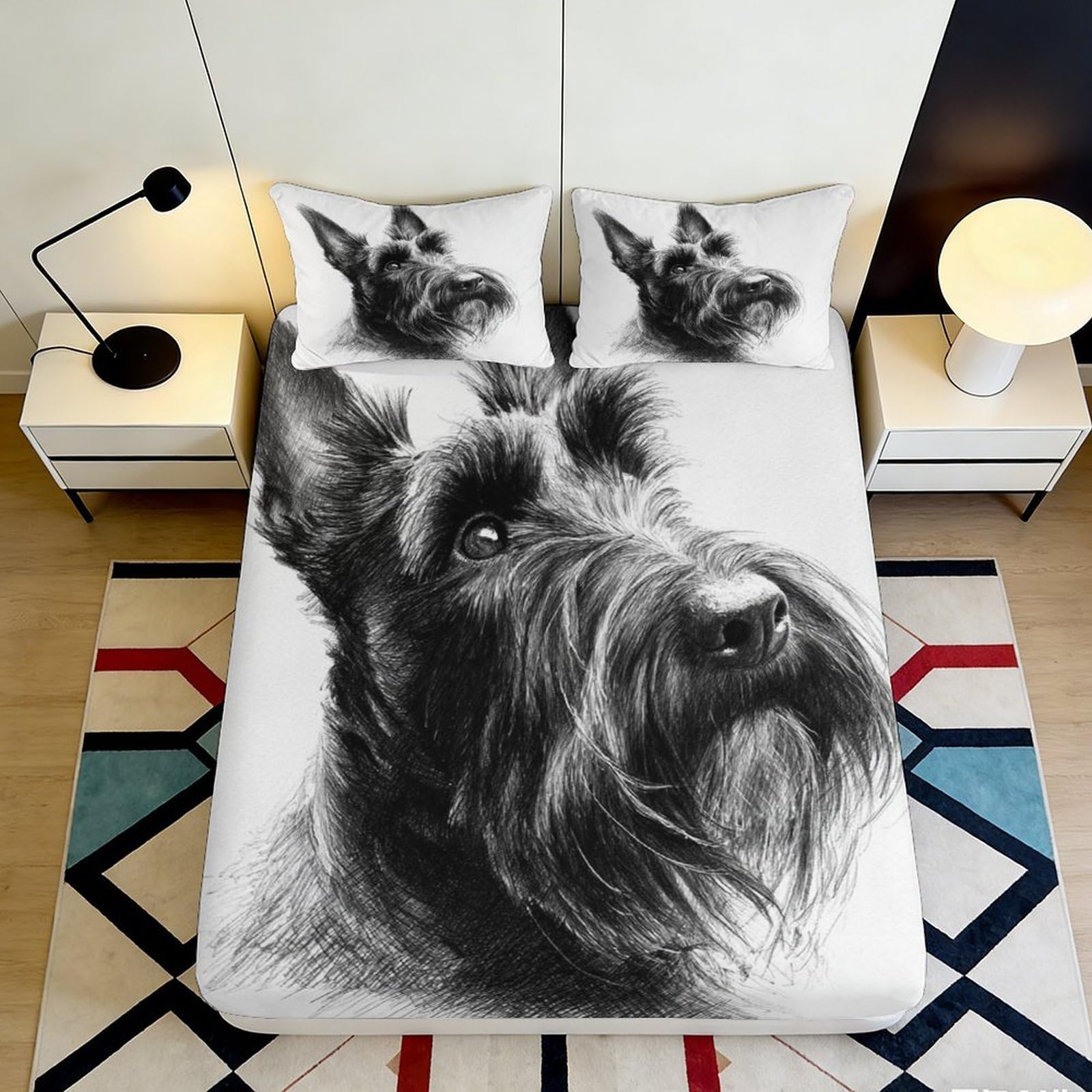 3D Printed Schnauzer Dog Fitted Sheet Microfiber Soft Anti-Slip Bed Cover for Bedroom Guest Room Decor 90x200x25cm