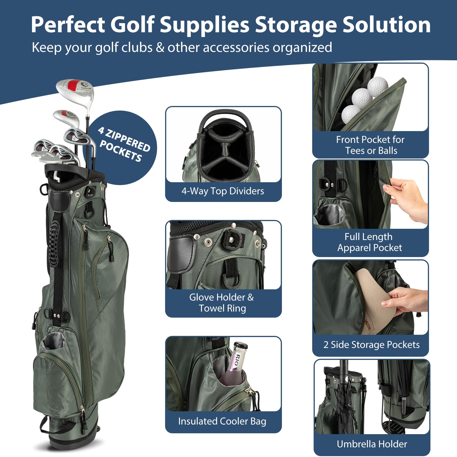 GYMAX Borsa da golf professionale, con divisore a 4 vie, 4 tasche portaoggetti e tracolla regolabile, borsa da golf impermeabile per uomini e donne